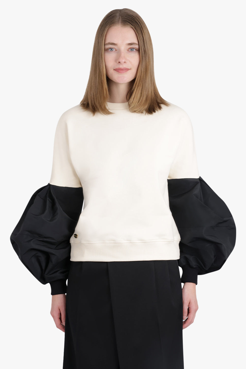 CREWNECK L/S SWEATSHIRT WITH BALLOON SLEEVES | CREAM/BLACK - 2