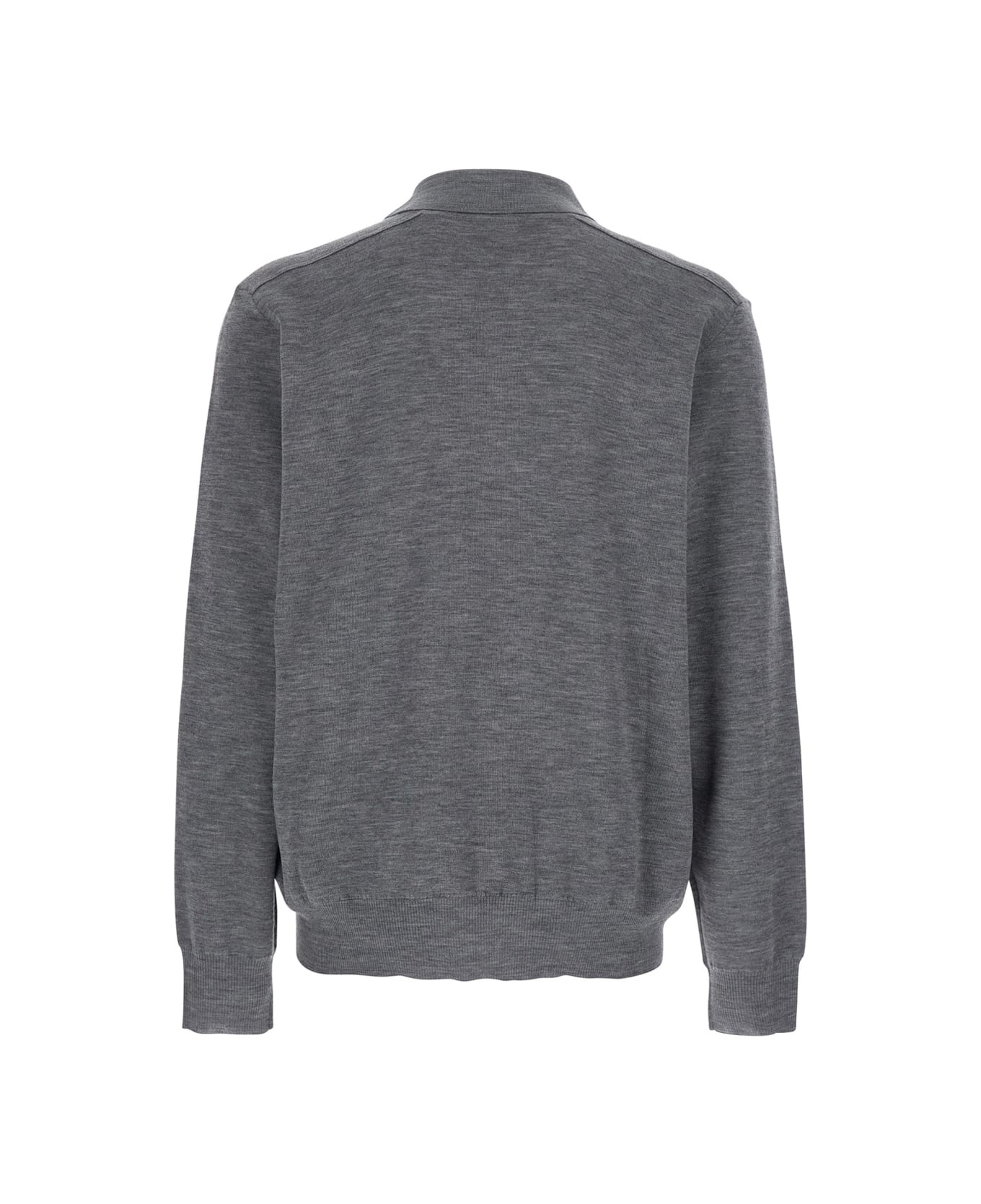 Grey Polo Shirt With Classic Collar And Check Motif On The Collar In Wool Man - 2