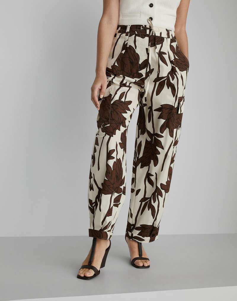 Cotton ramage print poplin baggy cargo trousers with monili 1