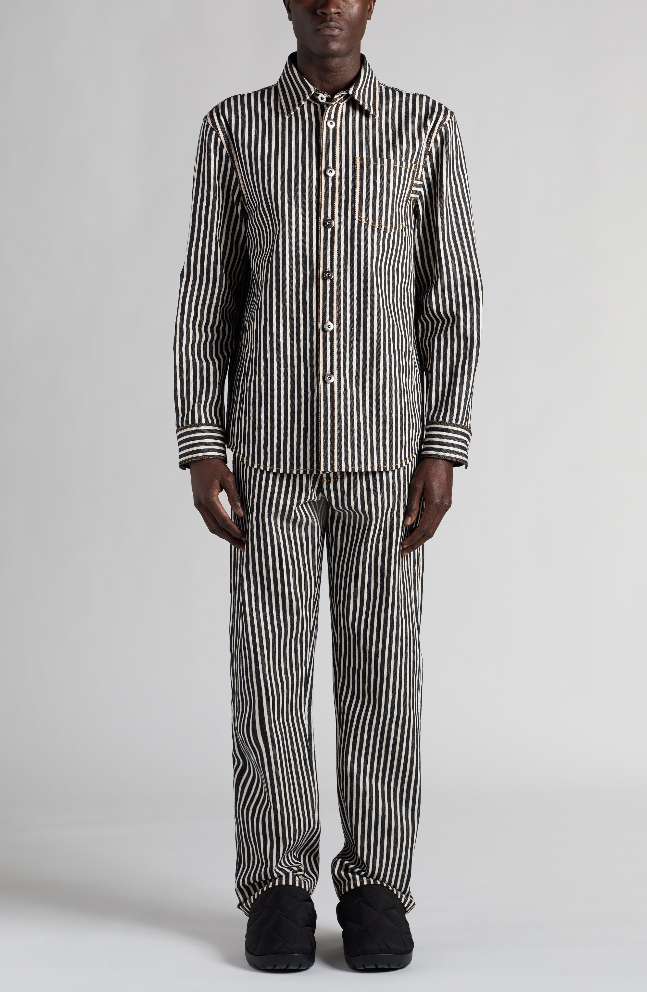 Bottega Veneta Regular Fit Engineer Stripe Cotton Drill Button-Up Shirt in 4037 Navy/Ecru at Nordstr - 2