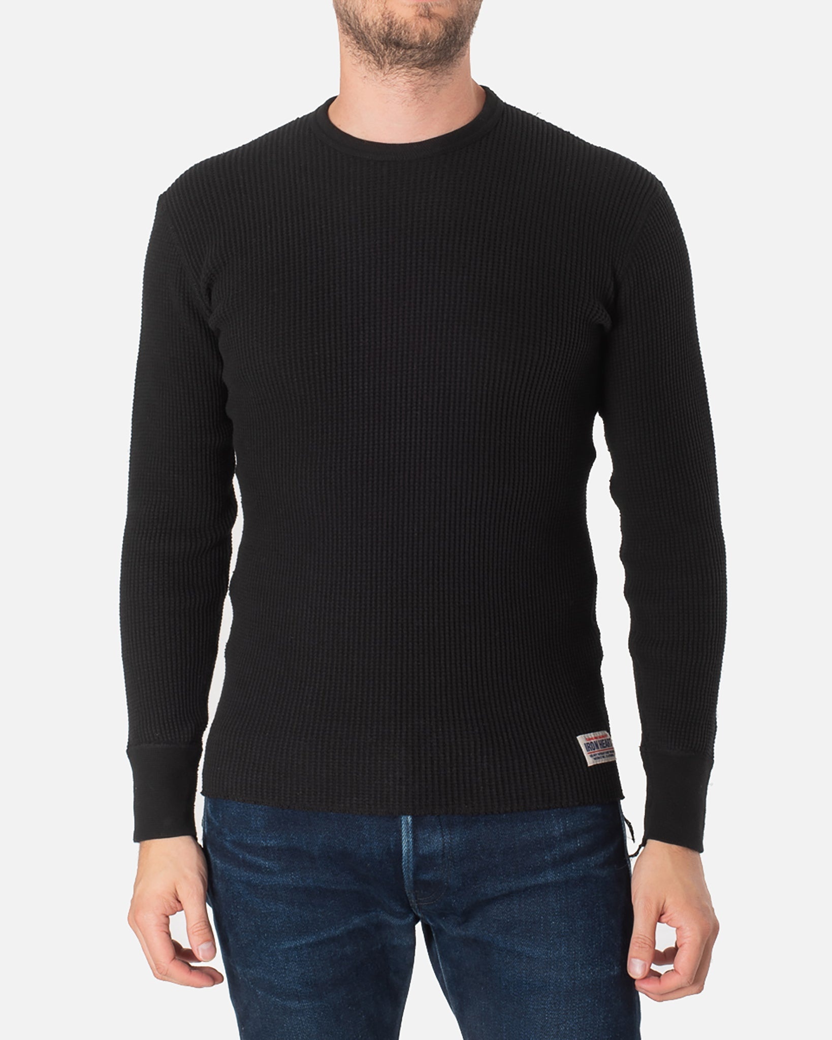 IHTL-1301-BLK Waffle Knit Long Sleeved Crew Neck Thermal Top - Black - 2