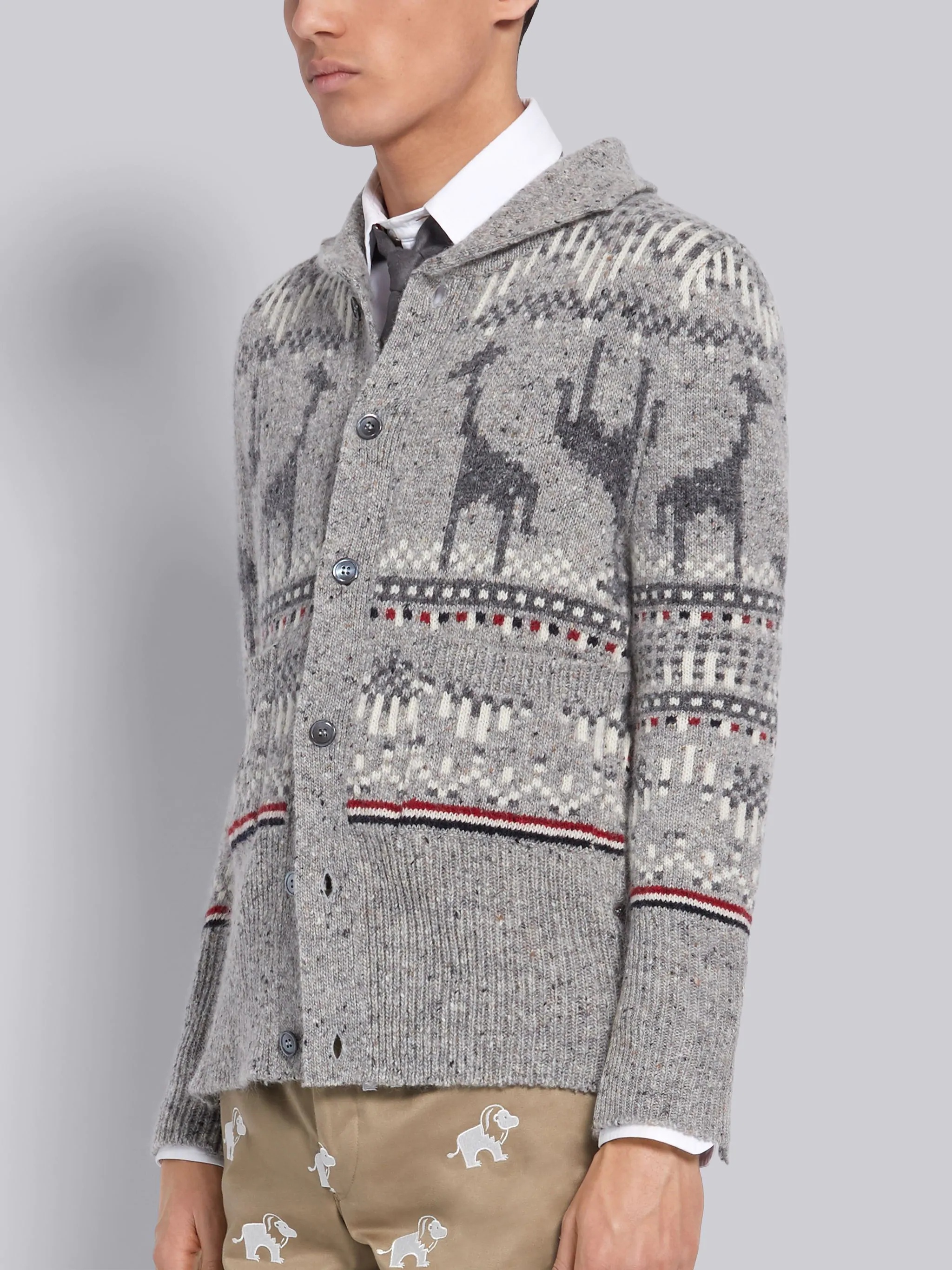 Tonal Grey Mohair Wool Tweed Giraffe Icon Fair Isle Classic Cardigan - 3