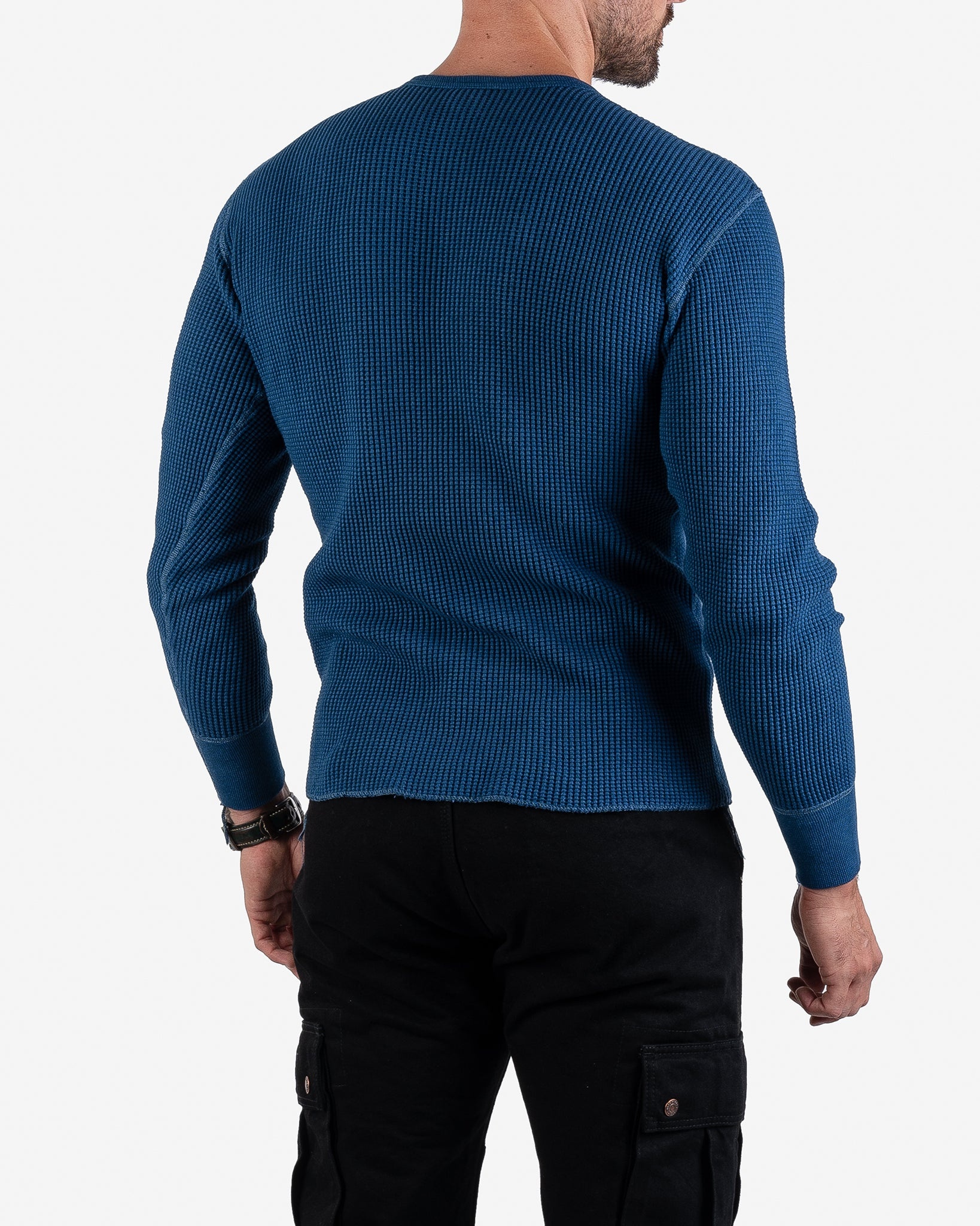 IHTL-1301-IND Waffle Knit Long Sleeved Crew Neck Thermal Top - Indigo Dyed - 3