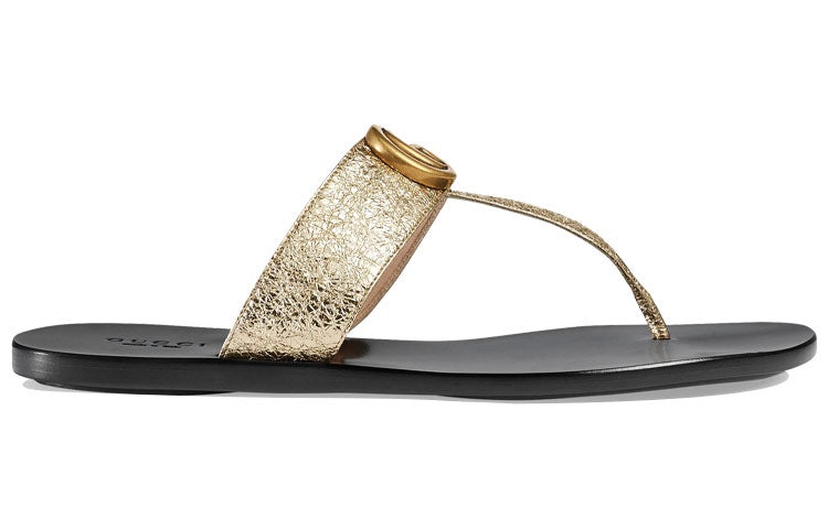 (WMNS) Gucci Double g Metallic Leather Gold Color Slippers 497444-0B7N0-7100 - 2