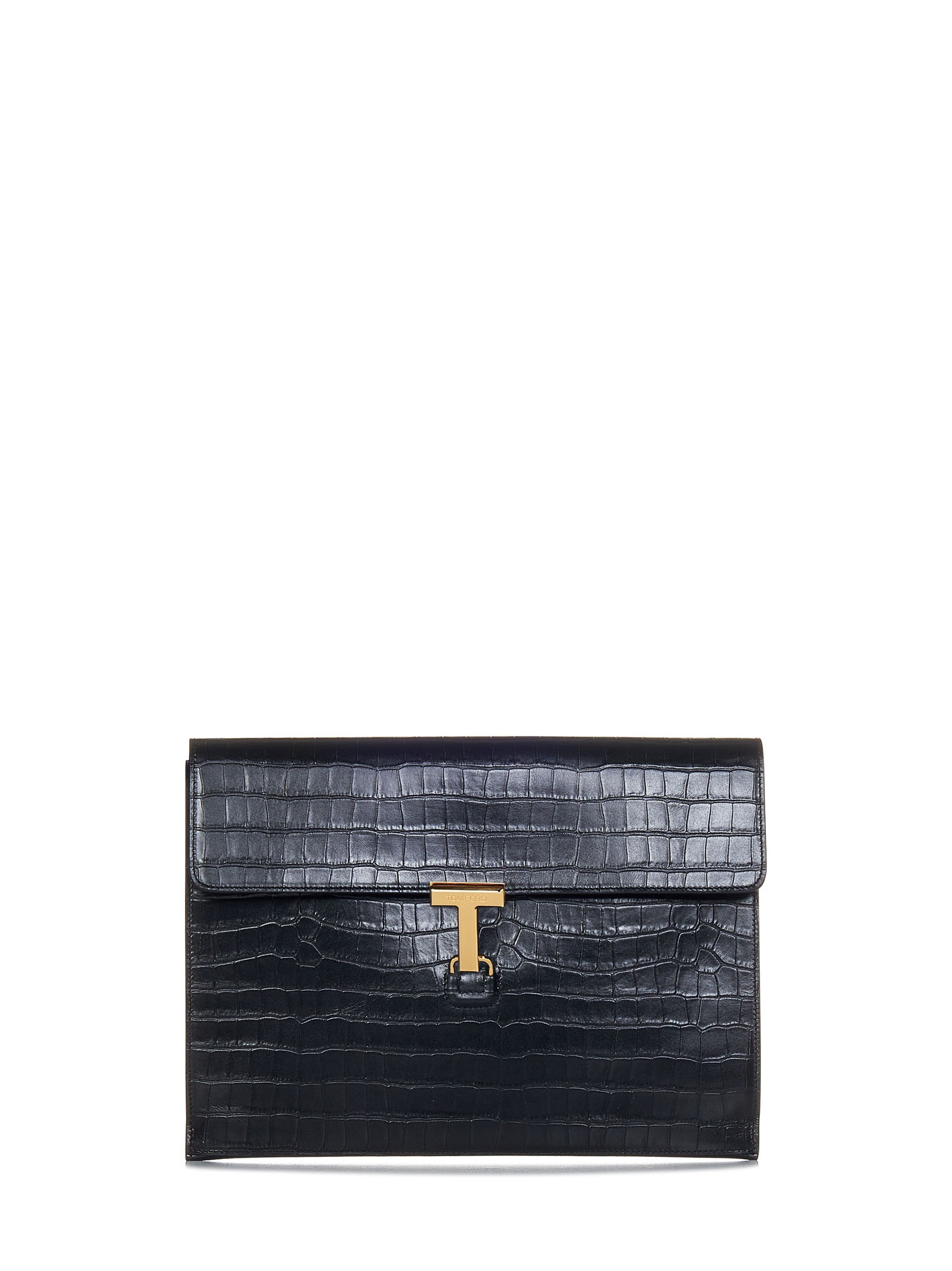 Black stamped crop calf leather portfolio with T pin clasp detail. - 1