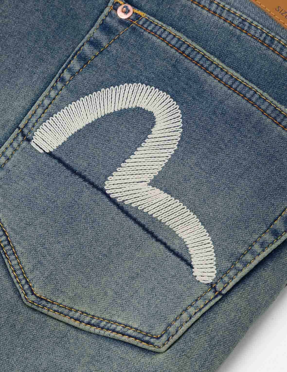 Seagull Embroidery with Hand-Woven Lanyard Relax Straight Fit Jeans #2030 - 5