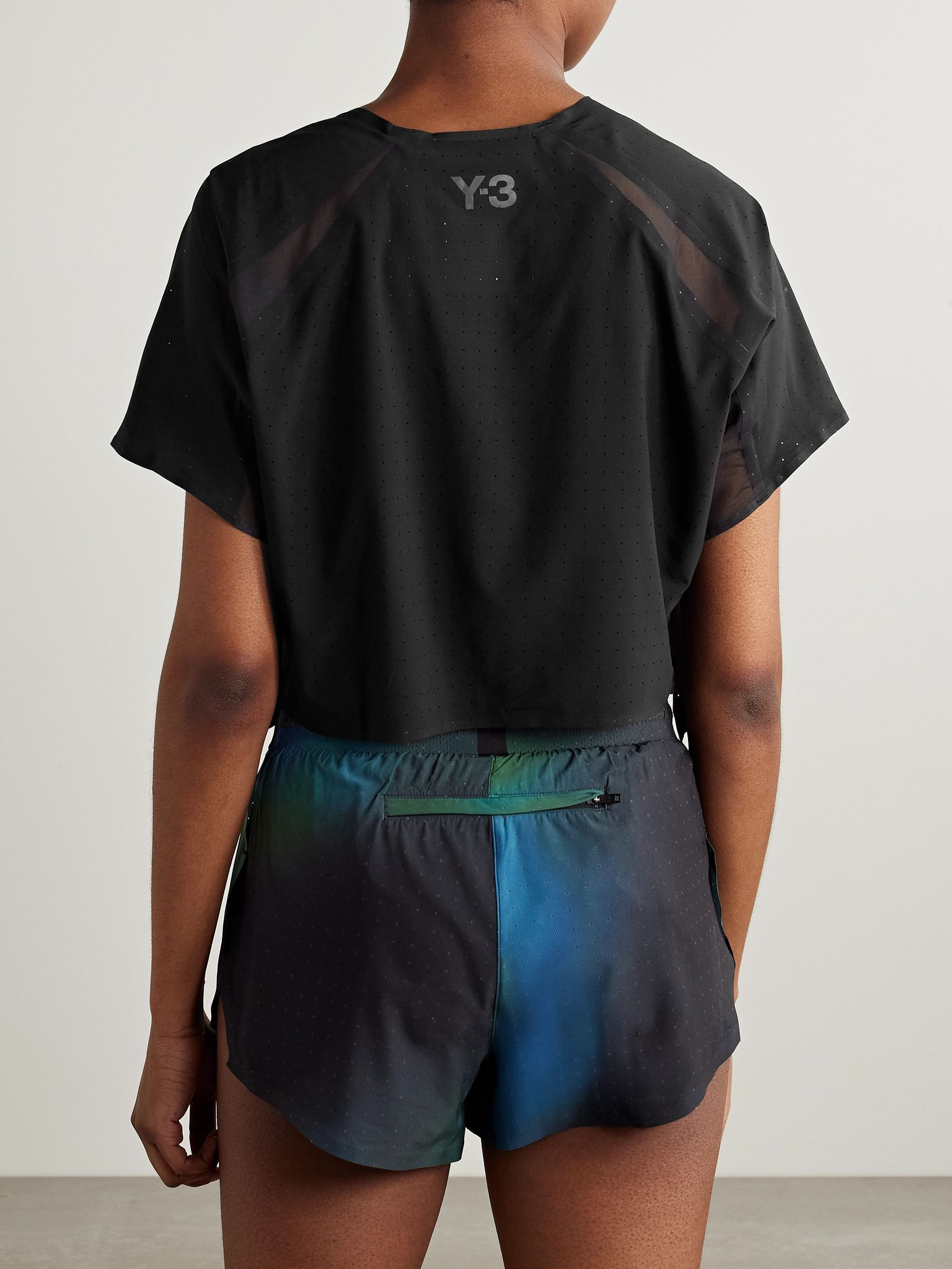 + Y-3 cropped appliquéd recycled-mesh T-shirt Black - 4