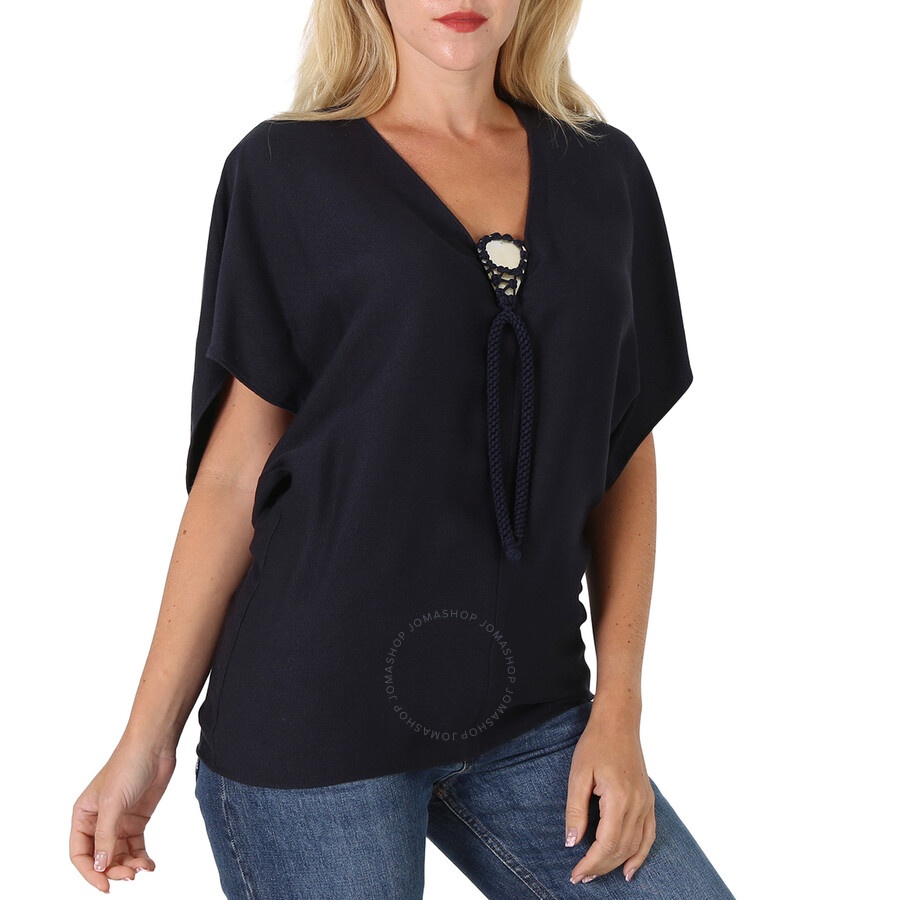 Chloe Ladies Ink Navy Silk Short Sleeve Top - 2