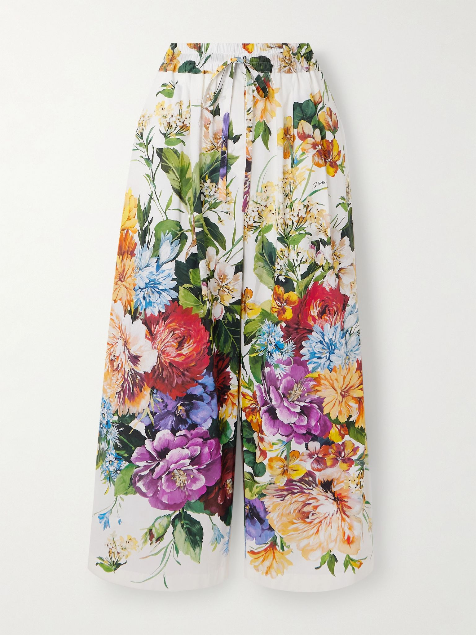 Floral-print cotton-poplin wide-leg pants White - 1
