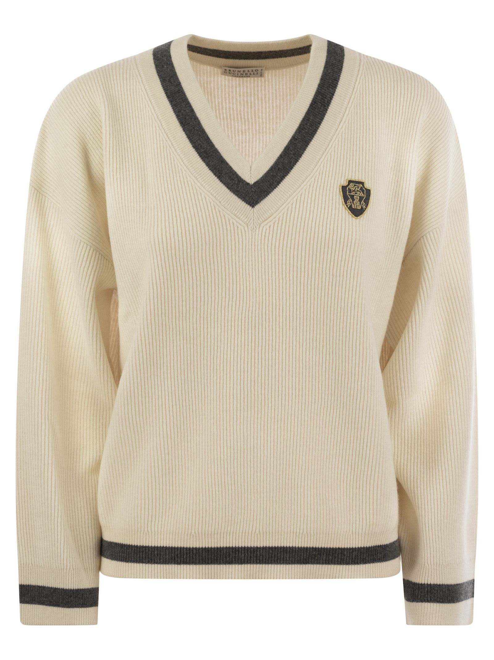 Brunello Cucinelli Women Ribbed Cashmere Sweater With Contrasting Stripe - 1