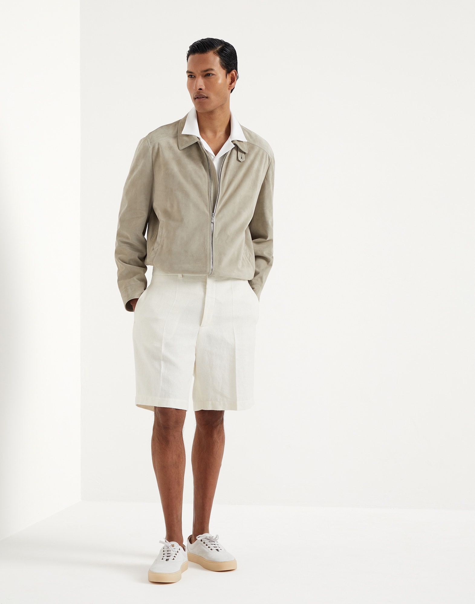 Linen, silk, virgin wool and cotton chevron Bermuda shorts - 4
