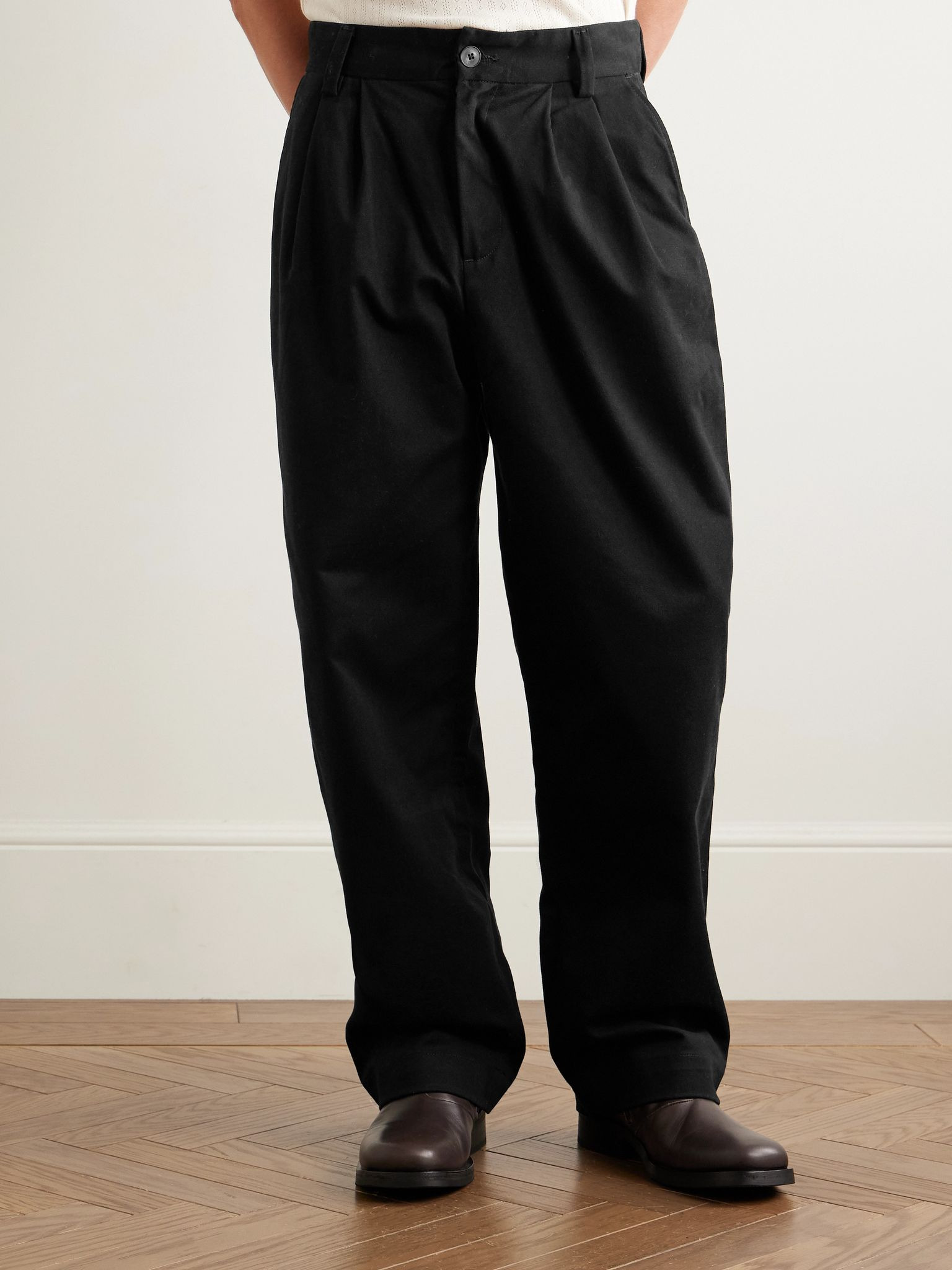 Slater Straight-Leg Pleated Cotton-Twill Trousers Black - 3