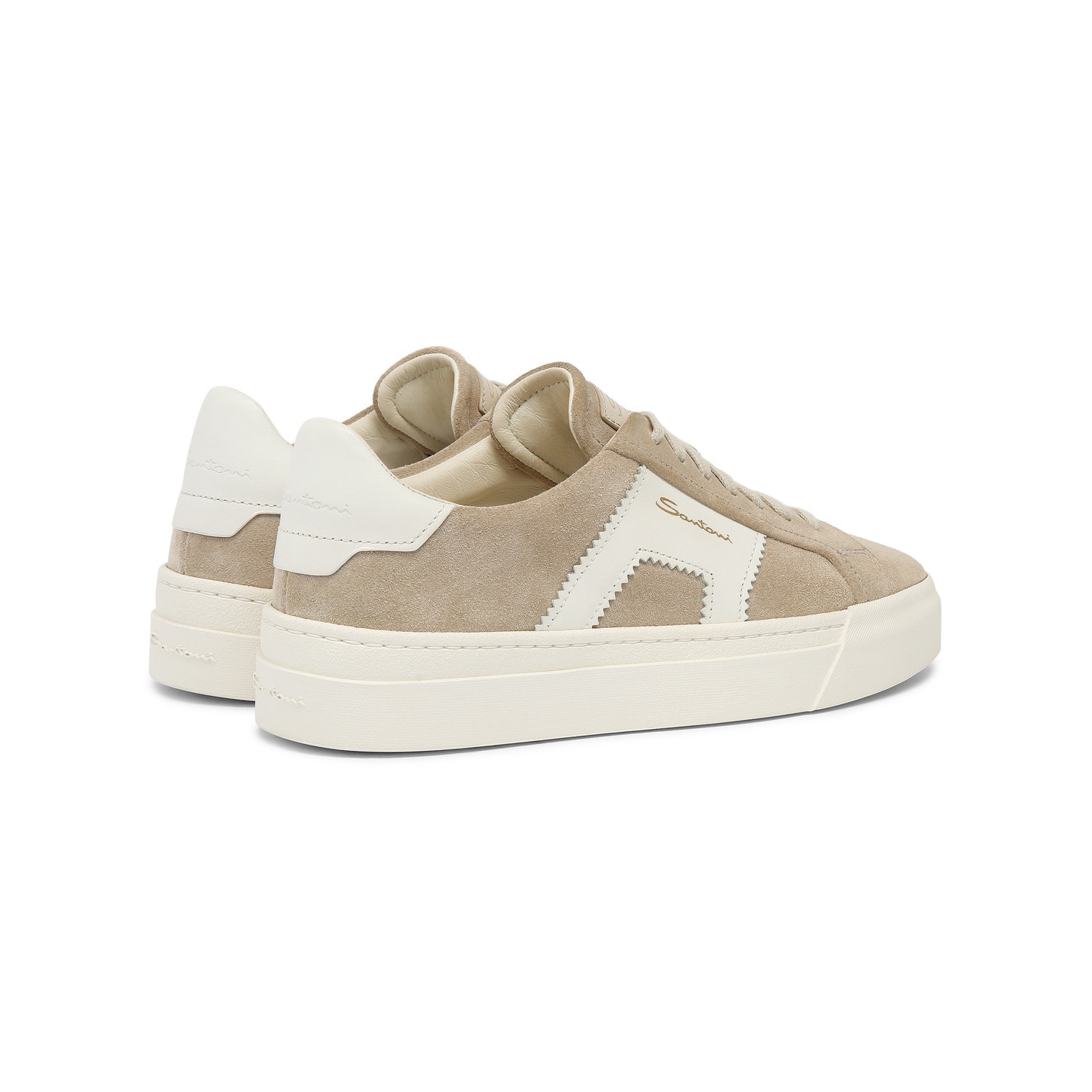 Women’s beige and white suede and leather double buckle sneaker - 4