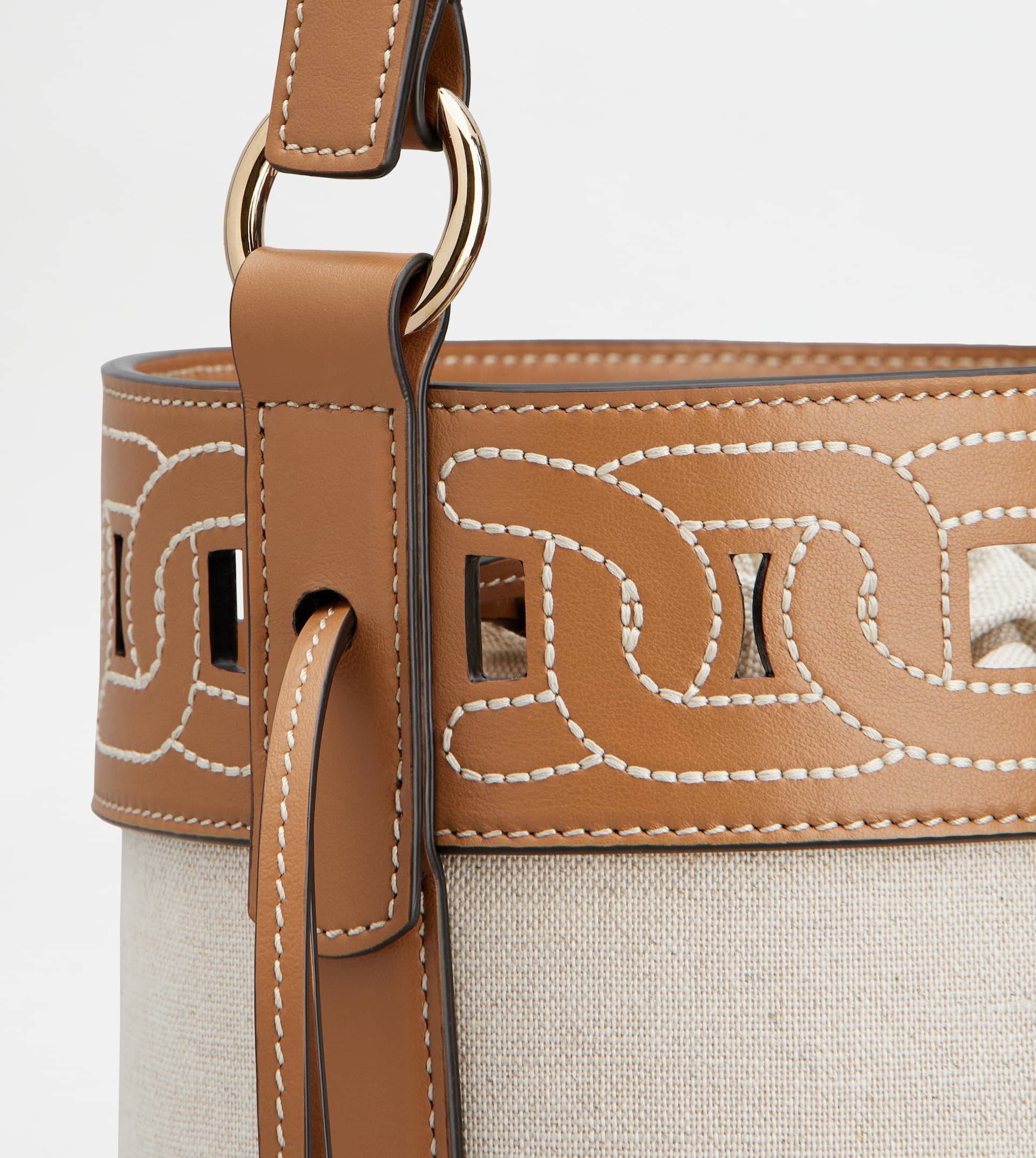 TOD'S KATE BUCKET BAG IN LEATHER AND CANVAS SMALL - BEIGE, BROWN - 7