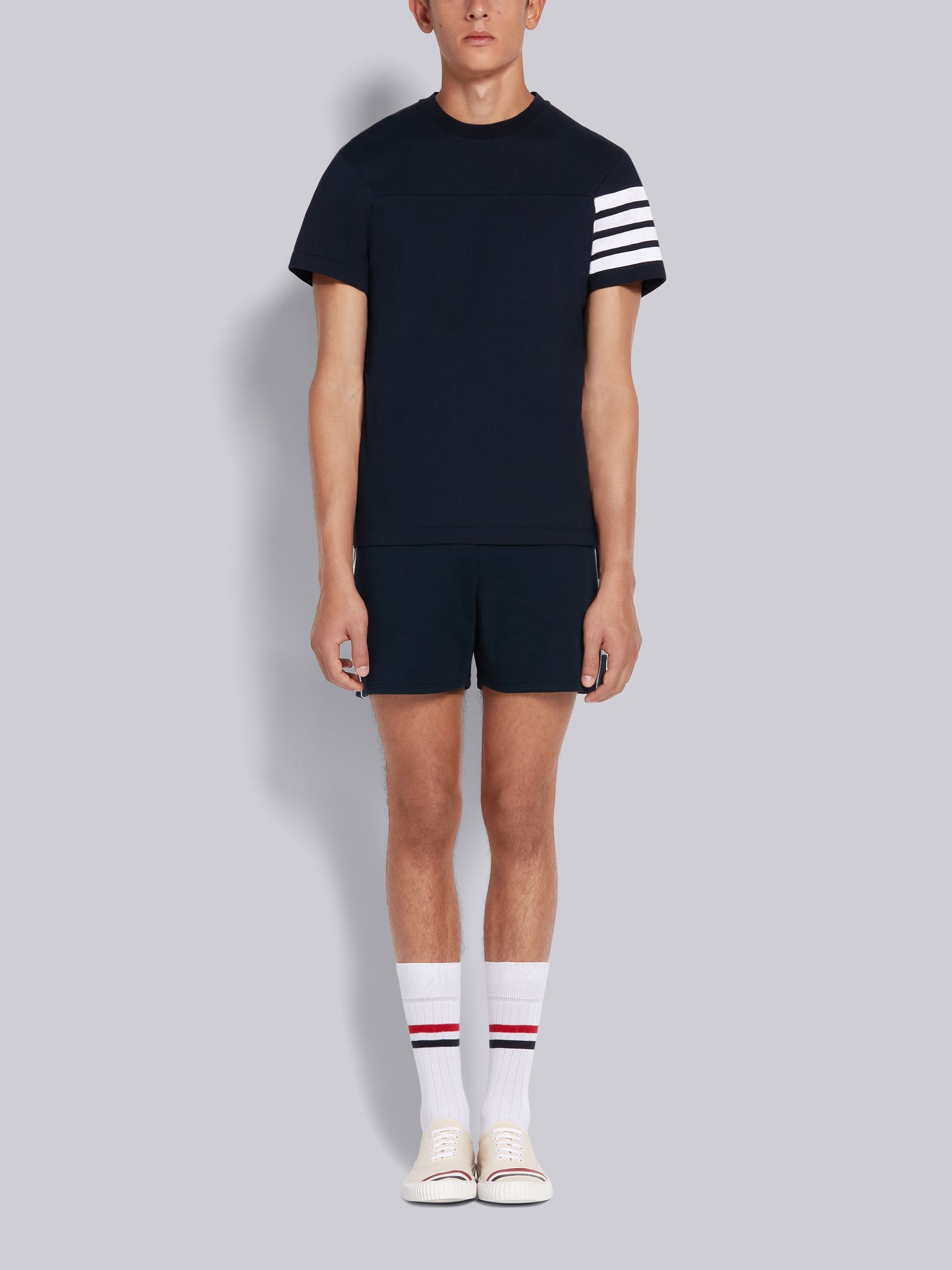 Navy Cotton Jersey 4-Bar Short Sleeve Yoke Seam Tee - 4