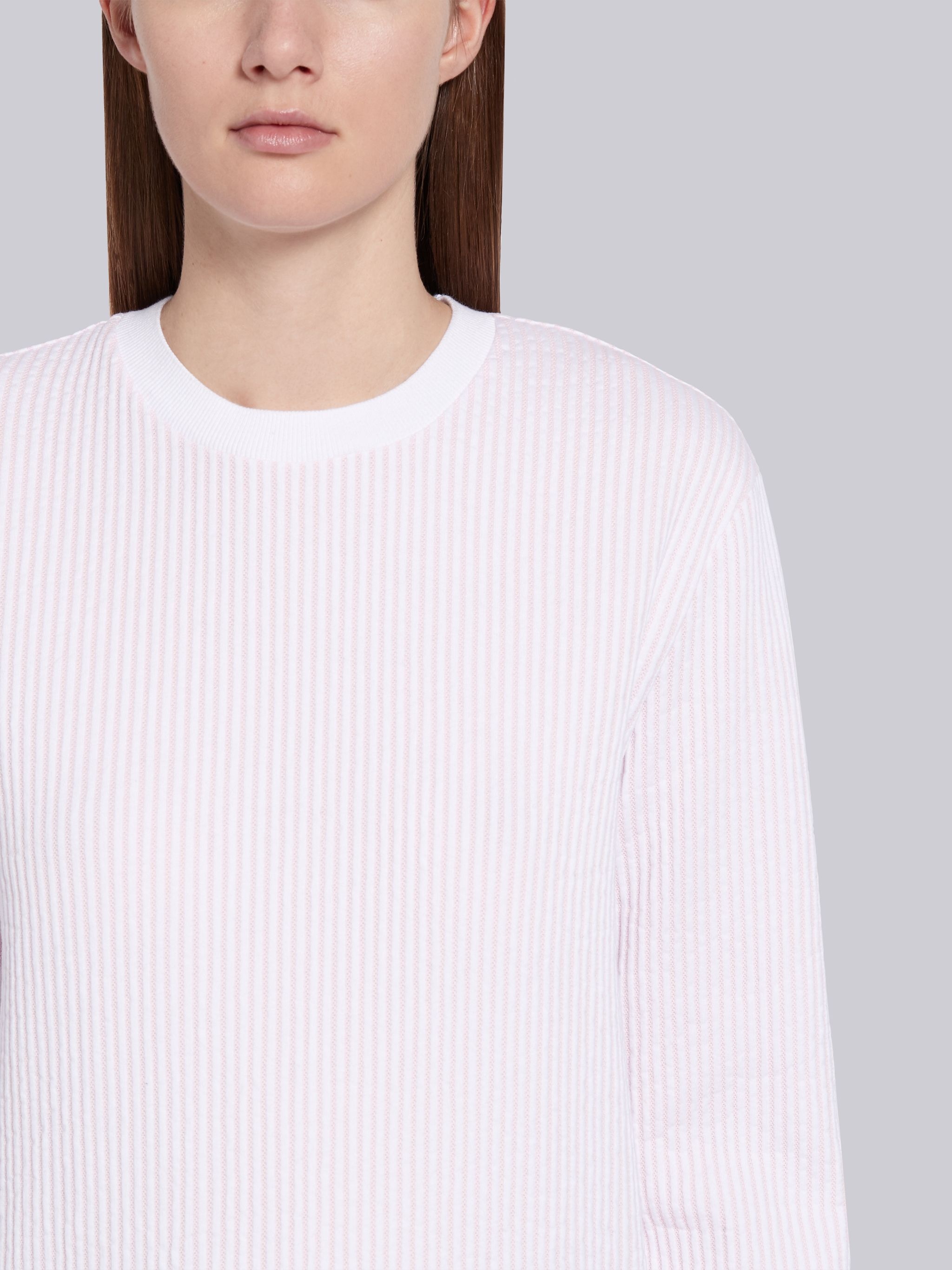 Pink Cotton Seersucker Tri-color Trim Crewneck Sweatshirt - 5