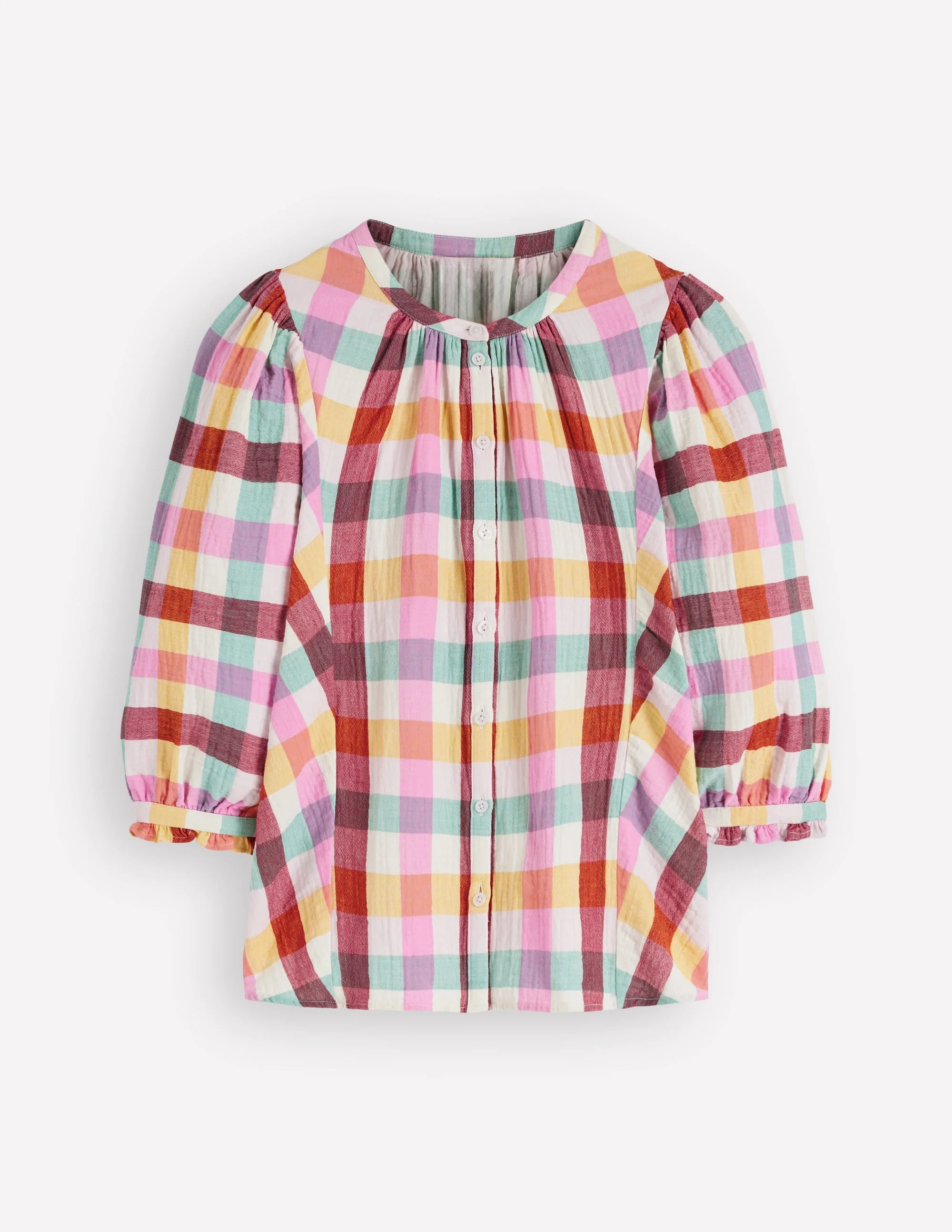 Camille Double Cloth Top-Ivory, Pink, Red Multi Gingham - 1