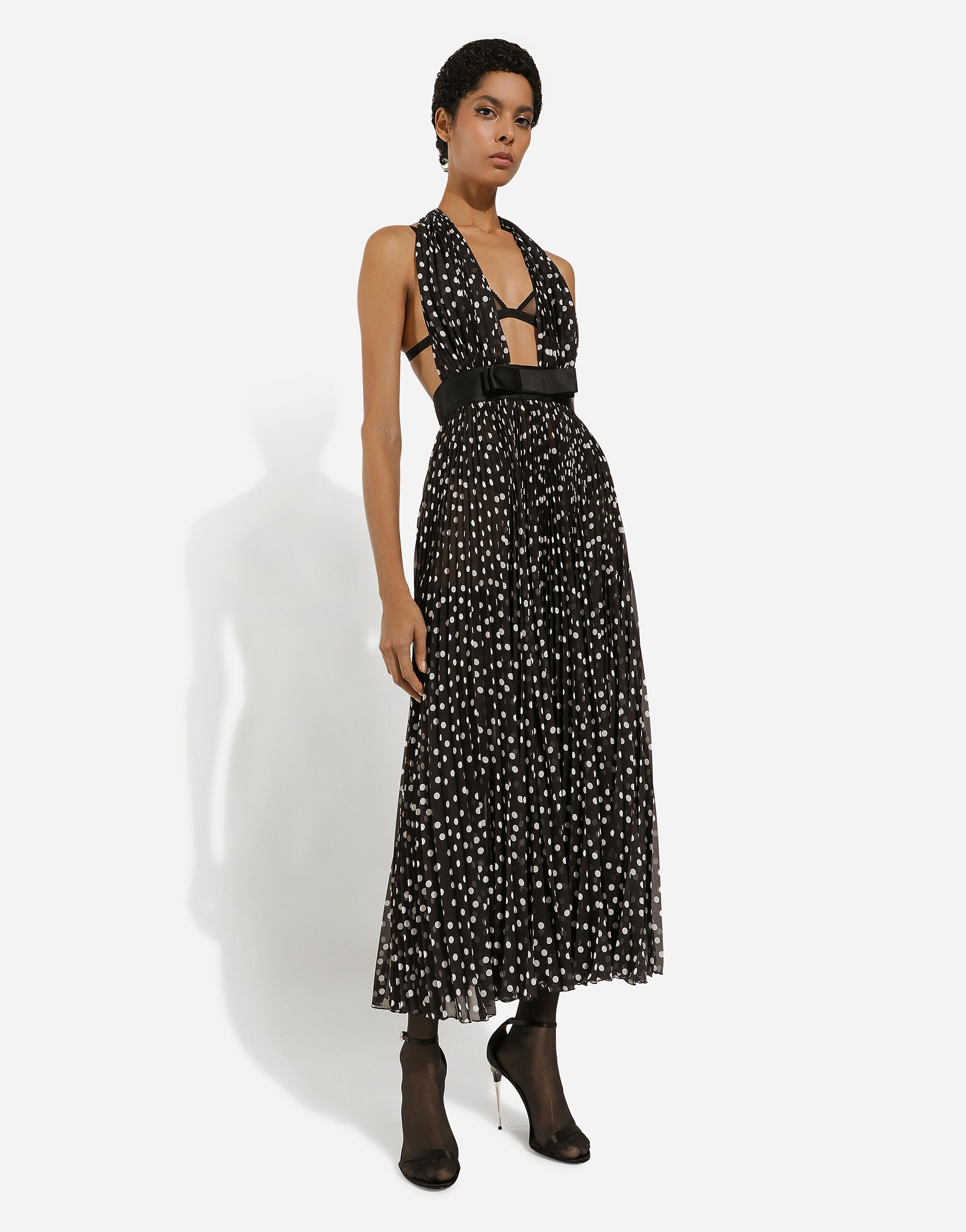 Chiffon calf-length dress with plunging neckline and polka-dot print - 10