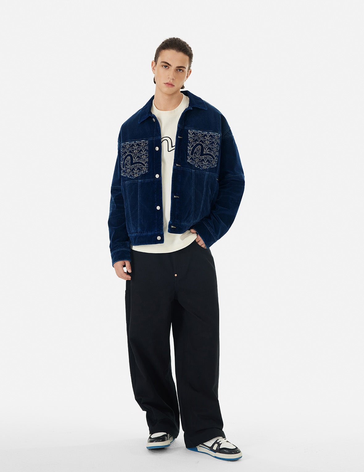 SEAGULL AND ALLOVER KAMON EMBROIDERY POCKETS LOOSE FIT PADDED DENIM JACKET - 5