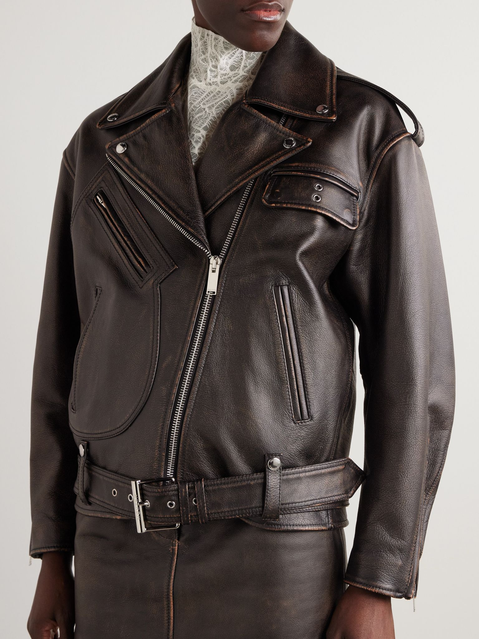 Distressed leather biker jacket Dark brown - 3