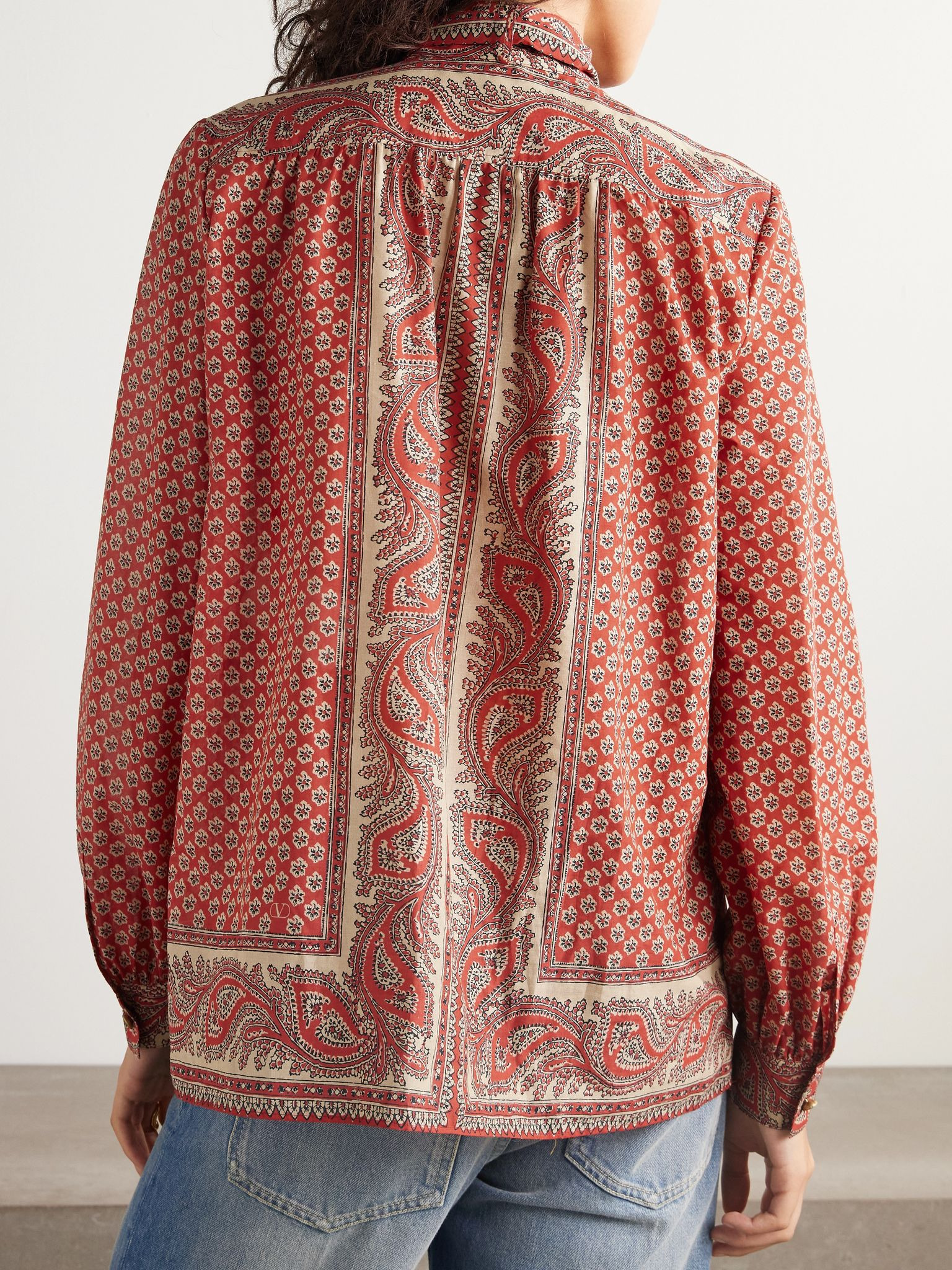 Fringed scarf-detailed printed cotton shirt Pink - 4