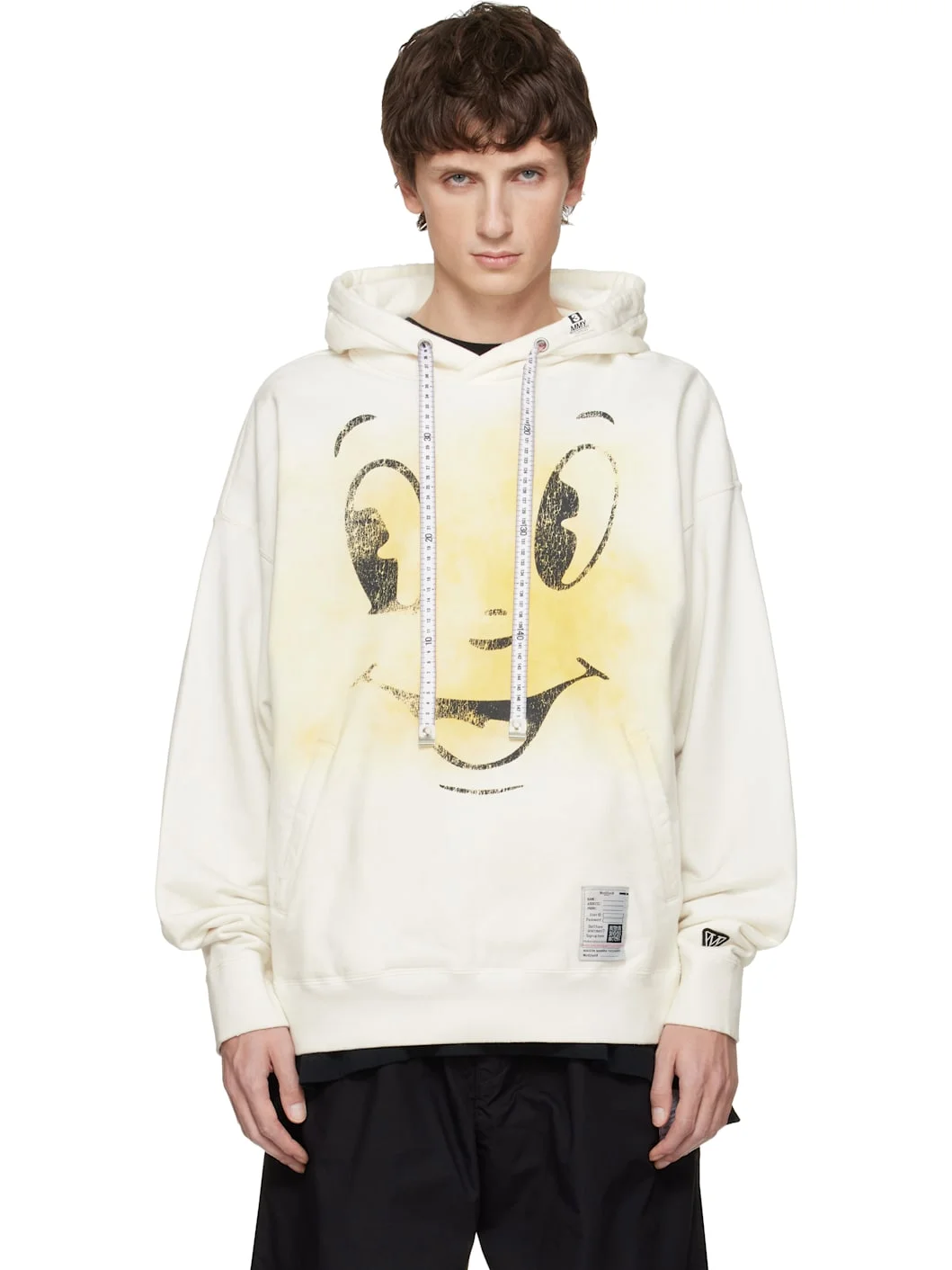 White Happy Face Printed Distressed Hoodie - 1