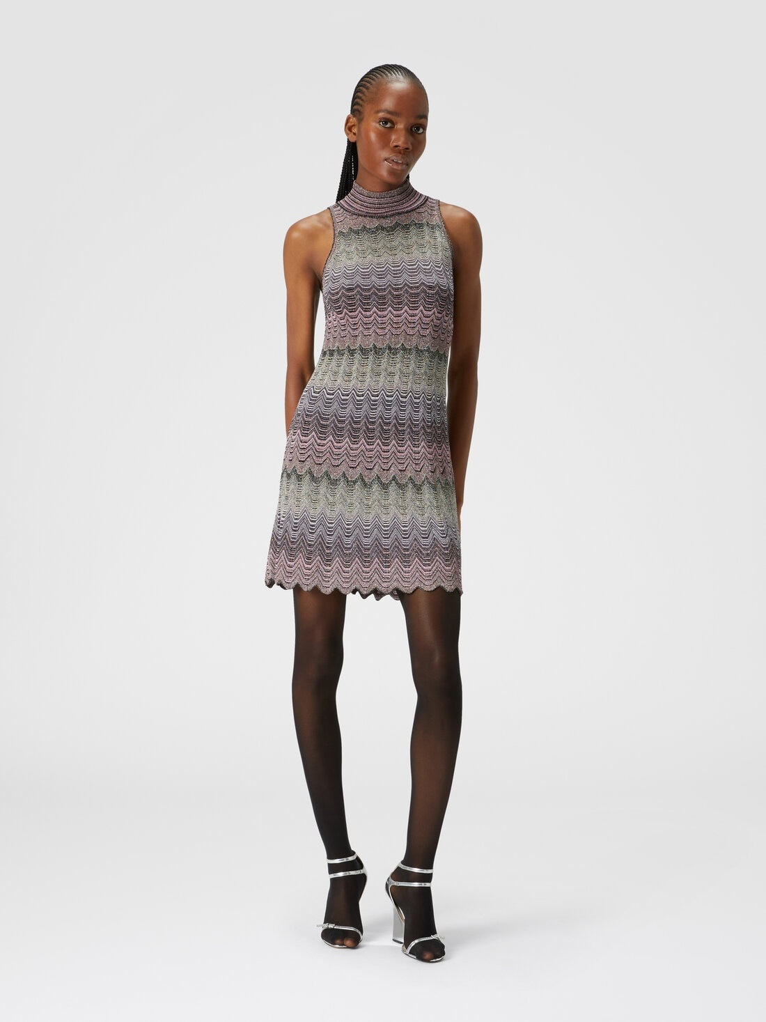 Sleeveless mini-dress with lamé Greek motif - 2
