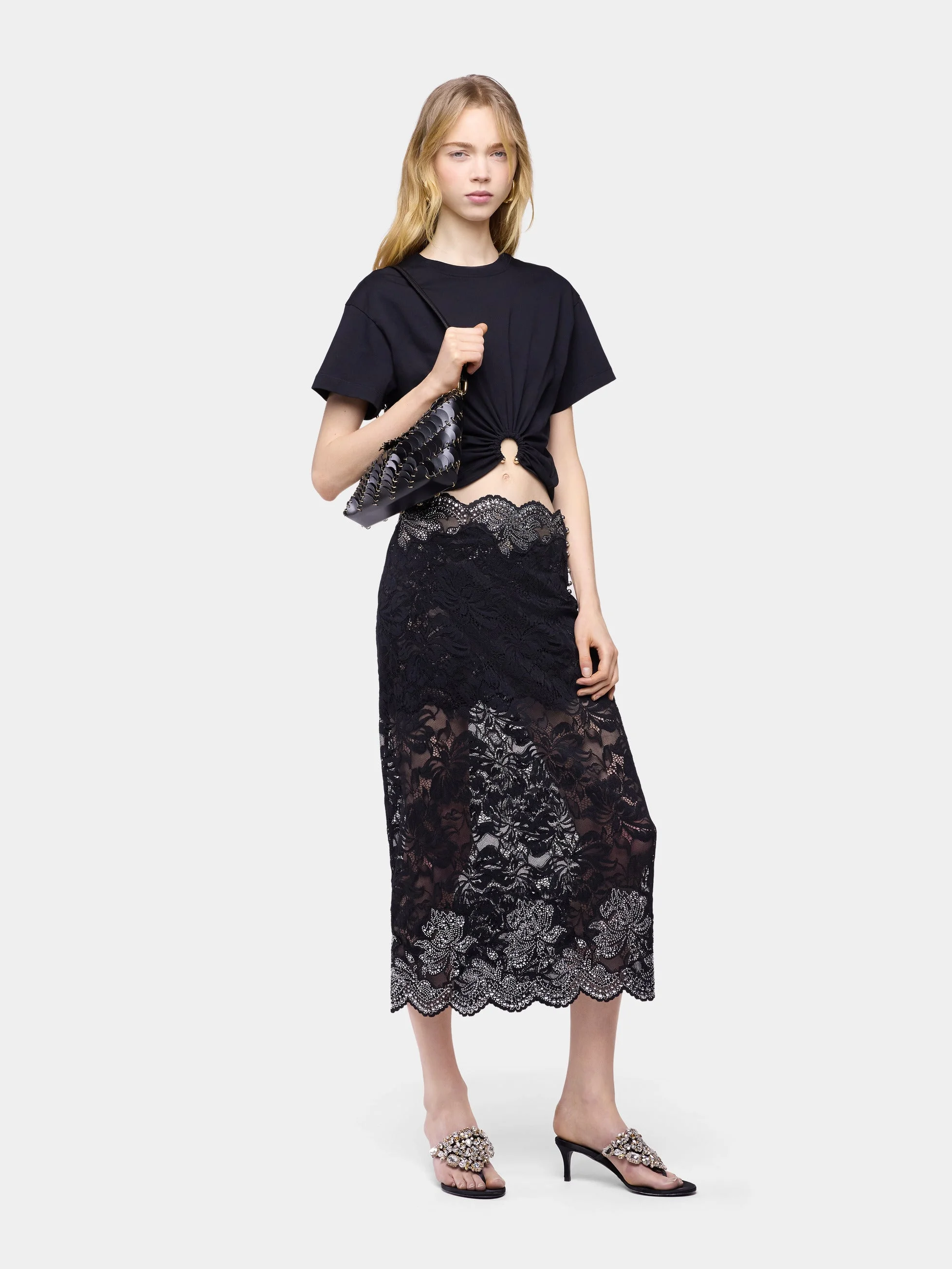 T-SHIRT IN BLACK COTTON WITH SIGNATURE PIERCING DETAIL - 1
