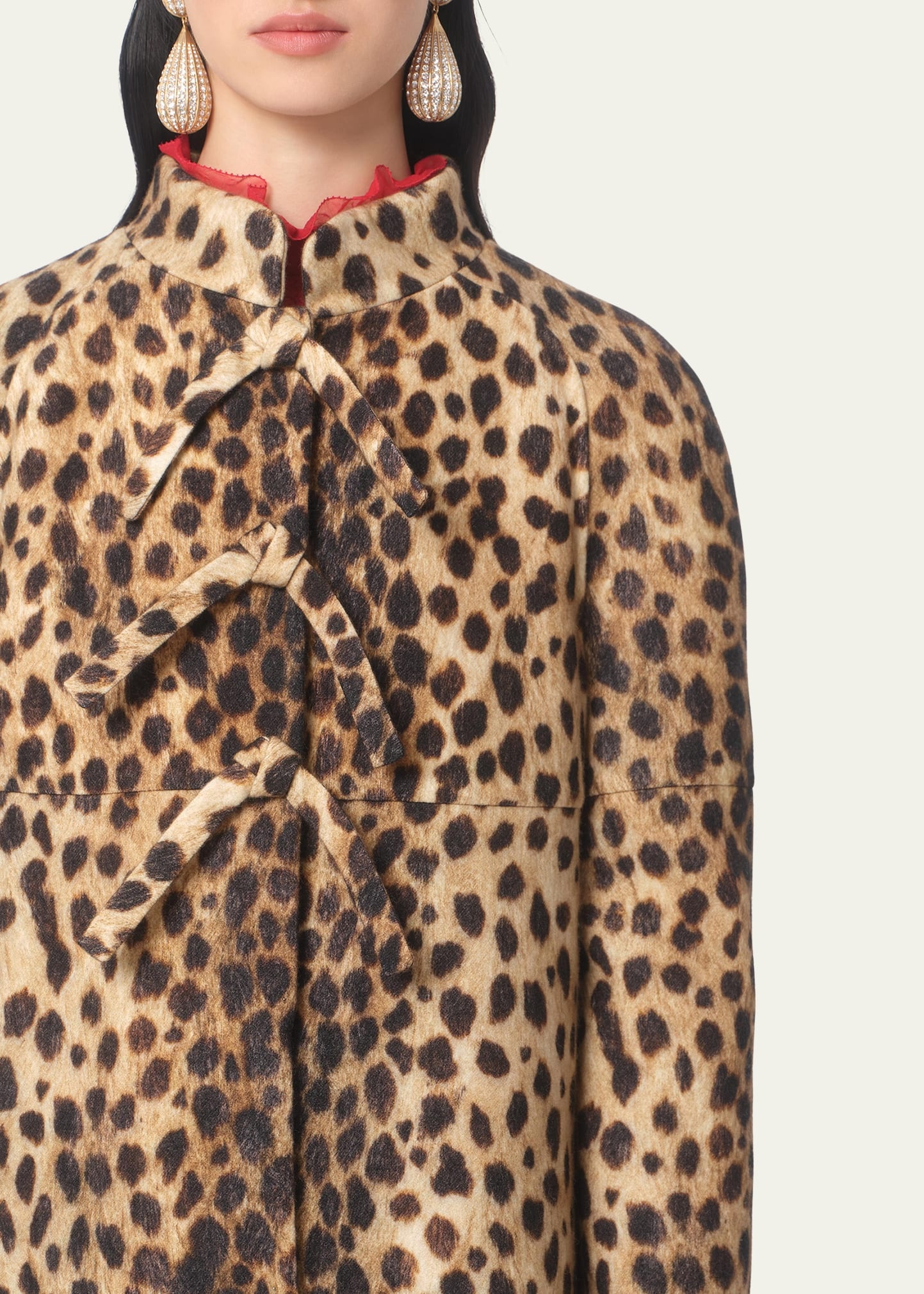Leopard Print Bow Wool Coat - 4
