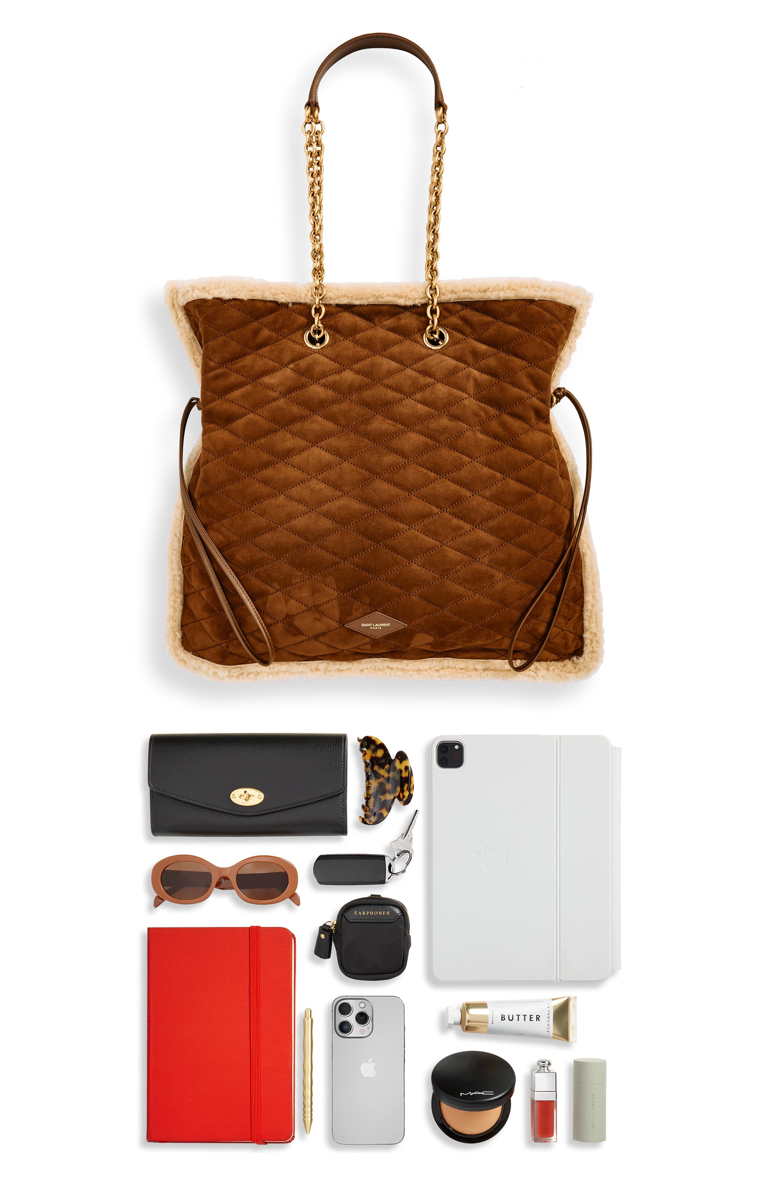 Saint Laurent Le Pochon Genuine Shearling Trim Shoulder Bag in Dark Cigar/Natural Beige at Nordstrom - 5