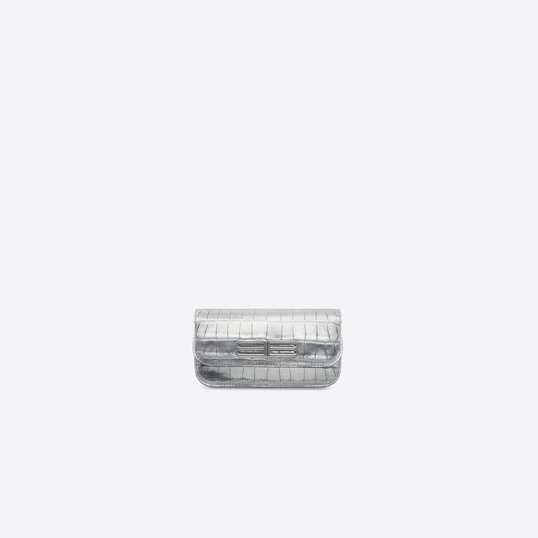 Women's Gossip Wallet On Chain Metallized Crocodile Embossed in Silver - 6