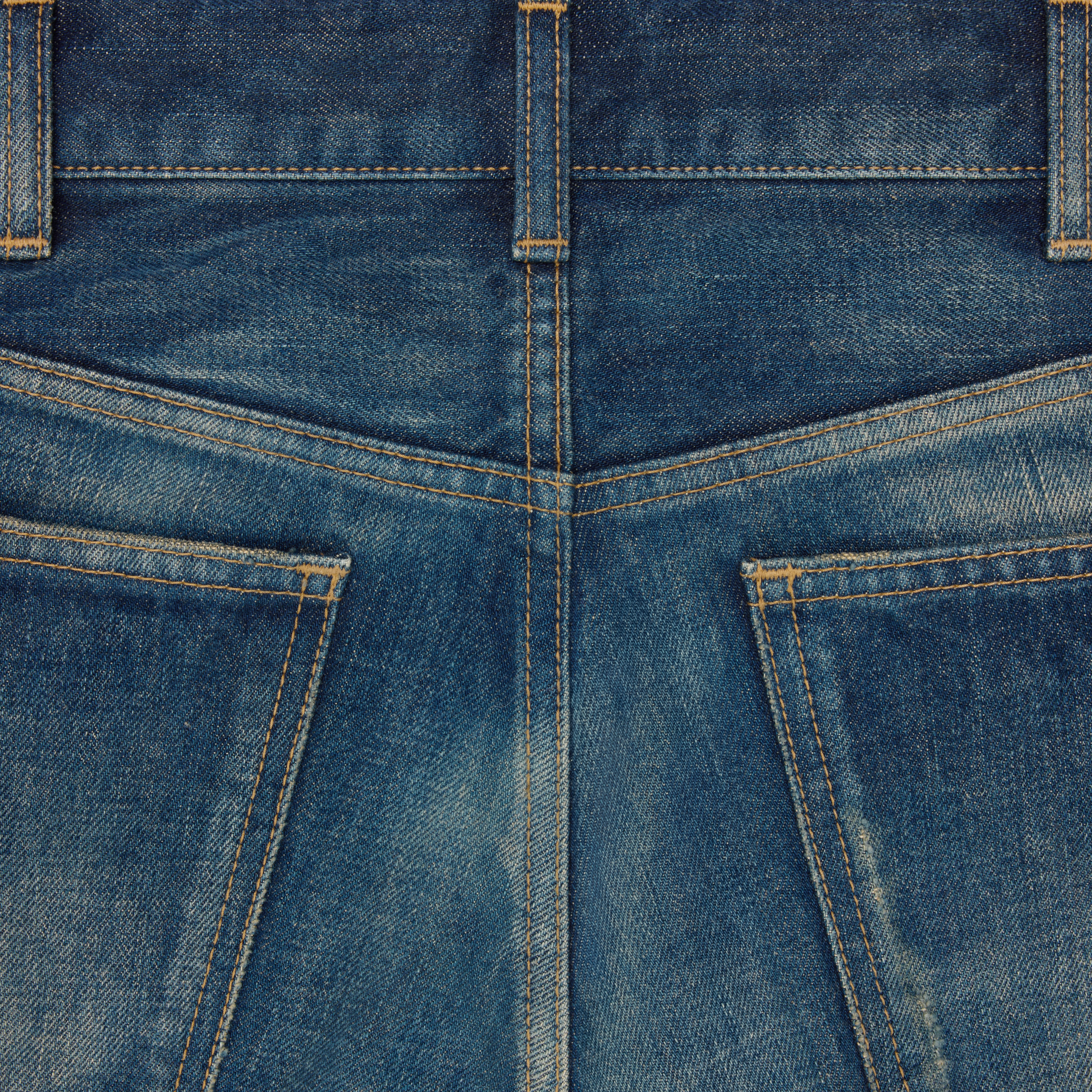 CELINE kurt jeans in destroyed blue marble denim | REVERSIBLE
