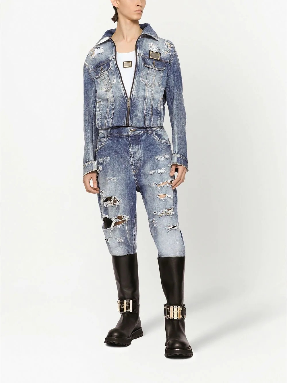 distressed denim cropped jumpsuit - 2