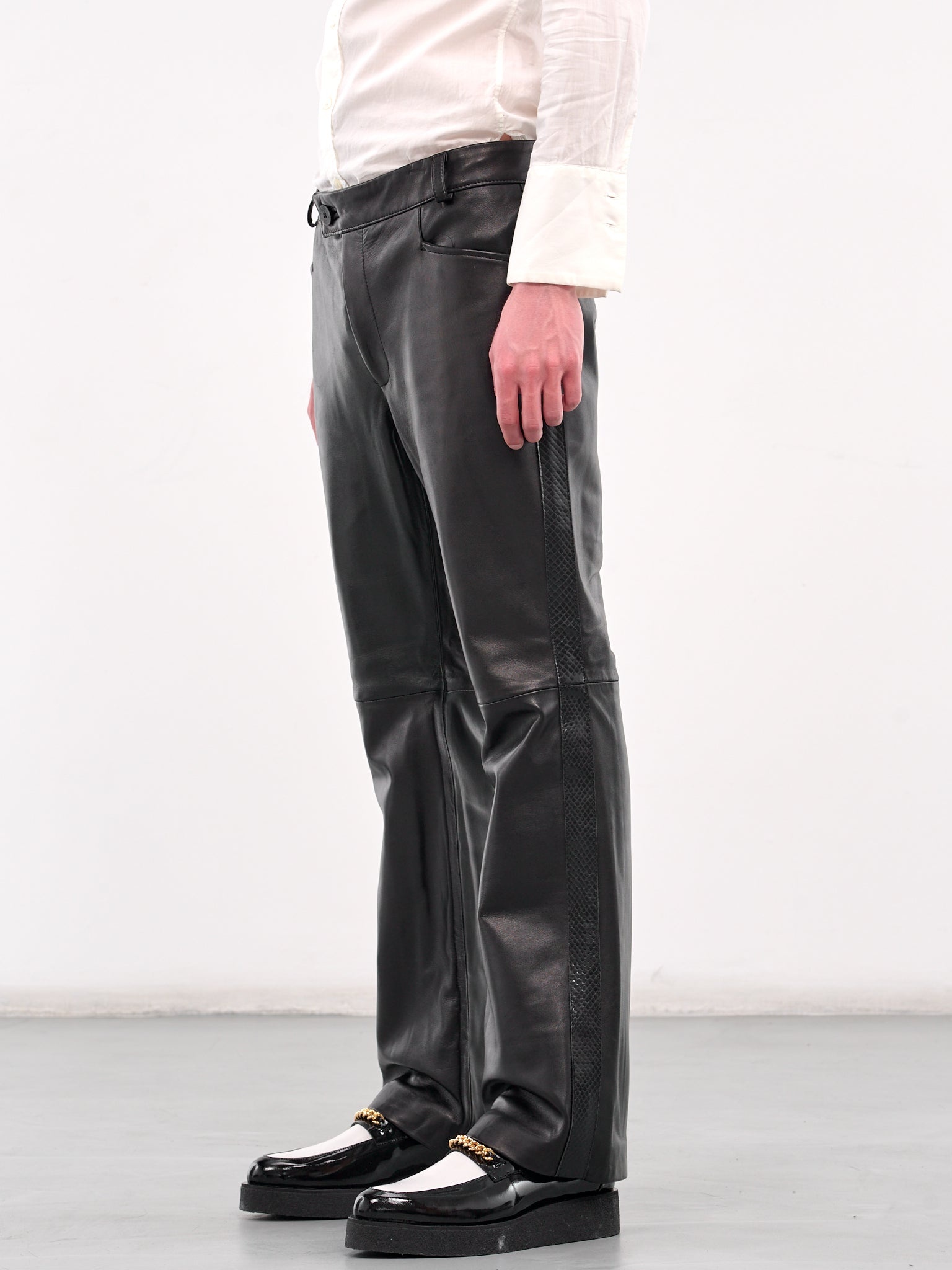 Snake Trim Leather Flare Trousers - 2