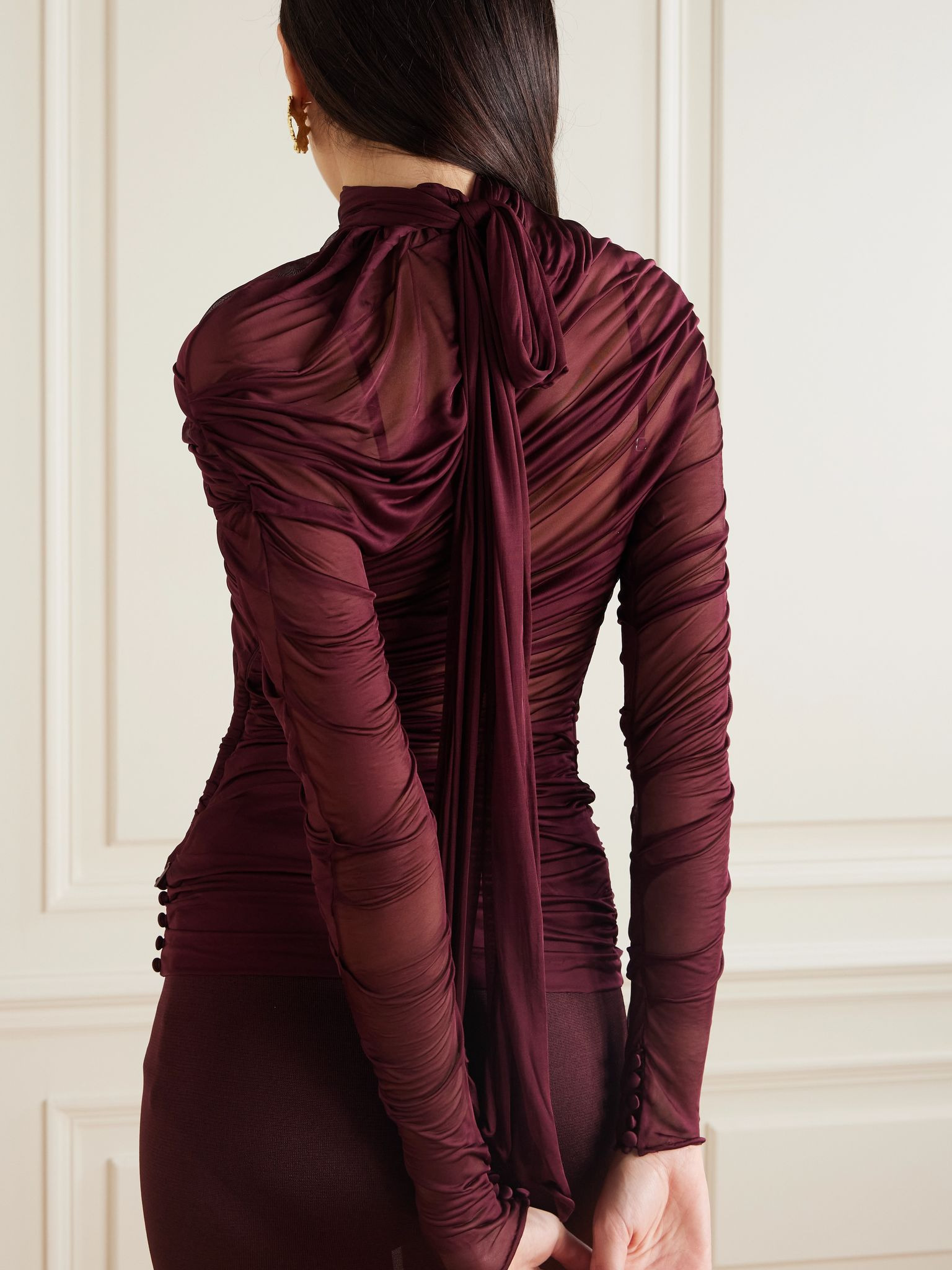 Draped ruched jersey turtleneck top Burgundy - 4