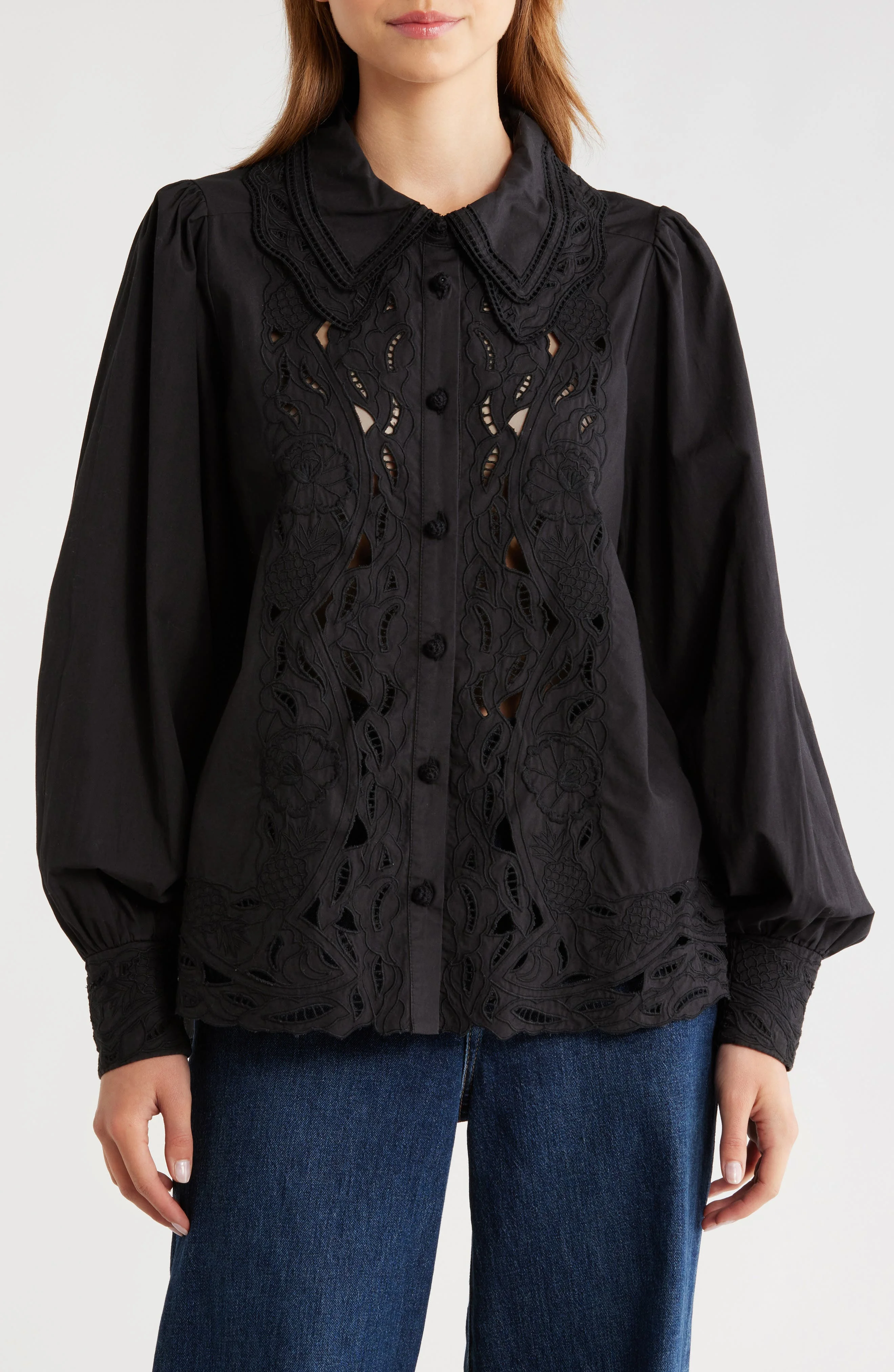 FARM Rio Embroidered Eyelet Puff Sleeve Button-Up Shirt in Black at Nordstrom - 1