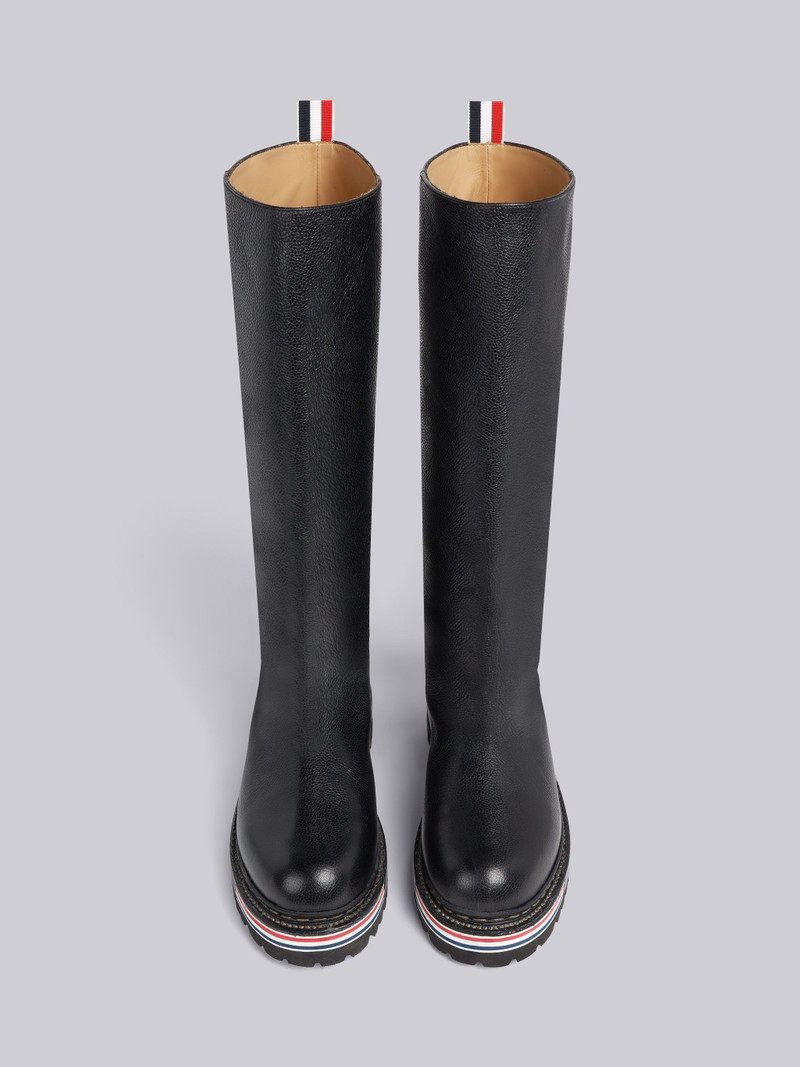 Black Pebble Grain Leather Rubber Hiking Sole Stripe Micro Insert Knee High Boot 4