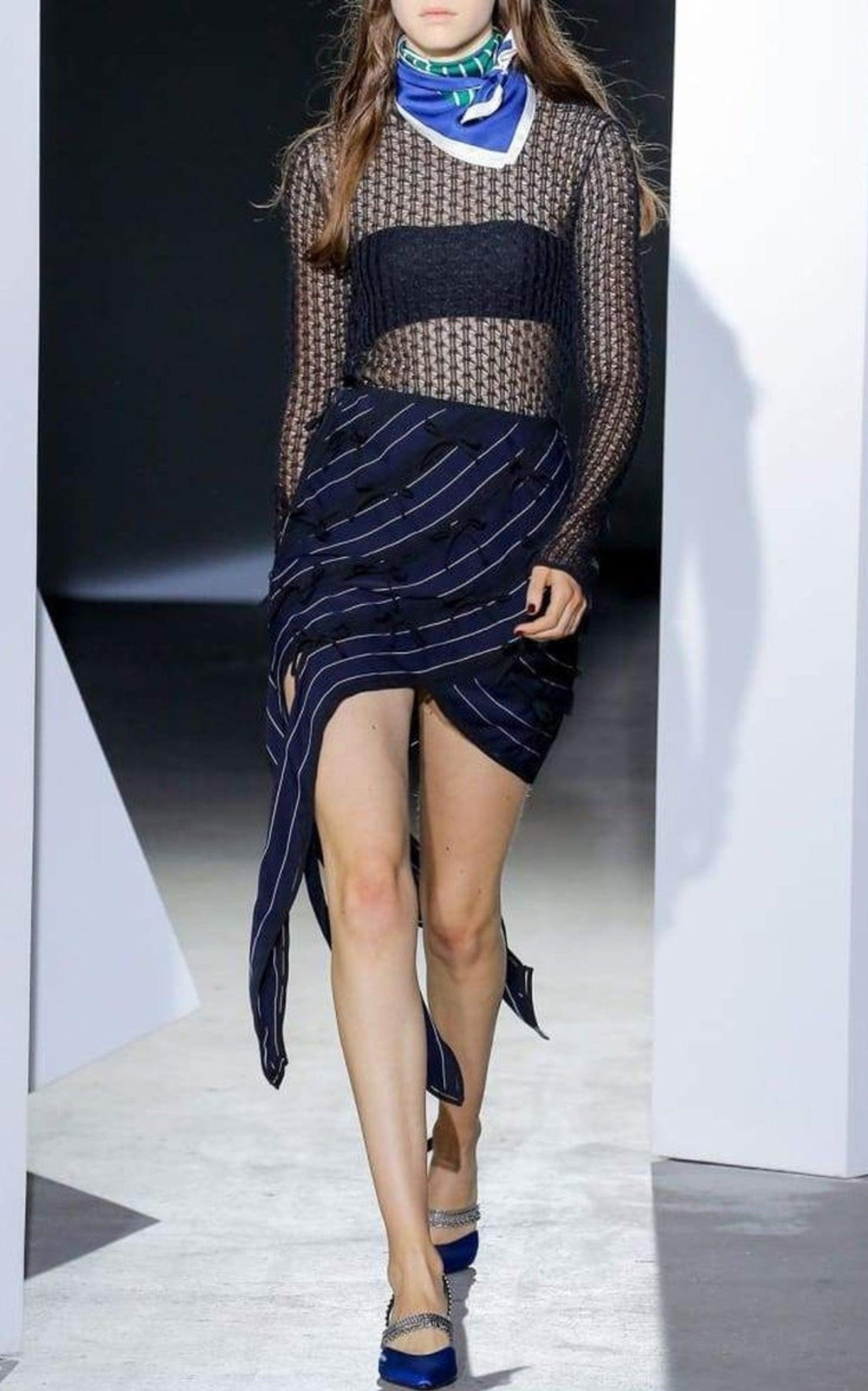 Pinstripe Ribbon Asymmetric Panelled Mini Skirt - 7