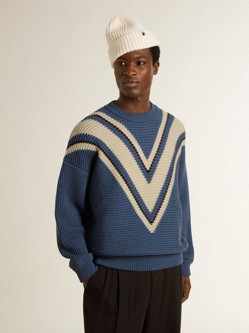 Golden Goose Men's light blue jacquard wool sweater with cream-colored pattern outlook