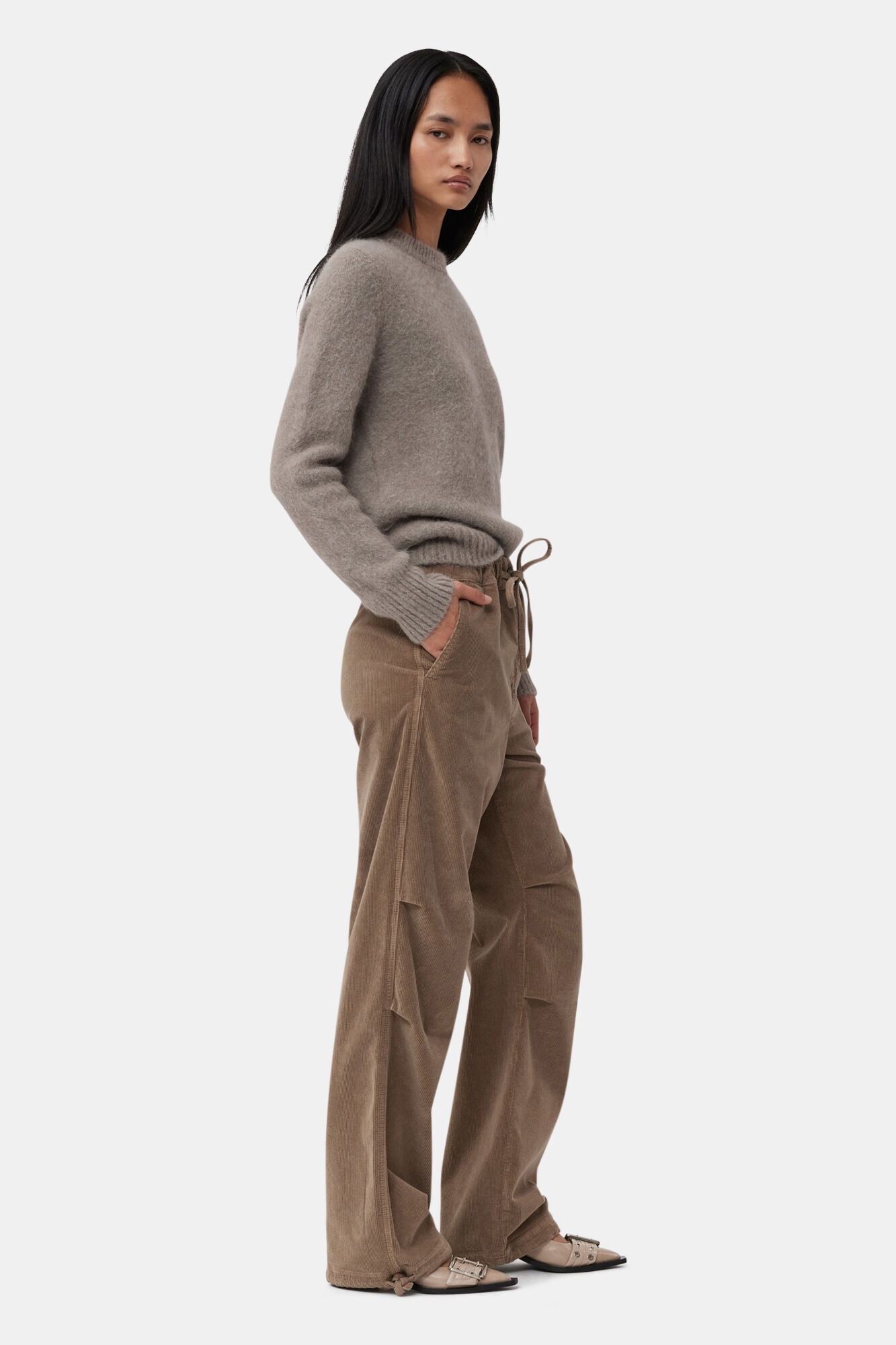 BROWN WASHED CORDUROY DRAWSTRING PANTS - 4