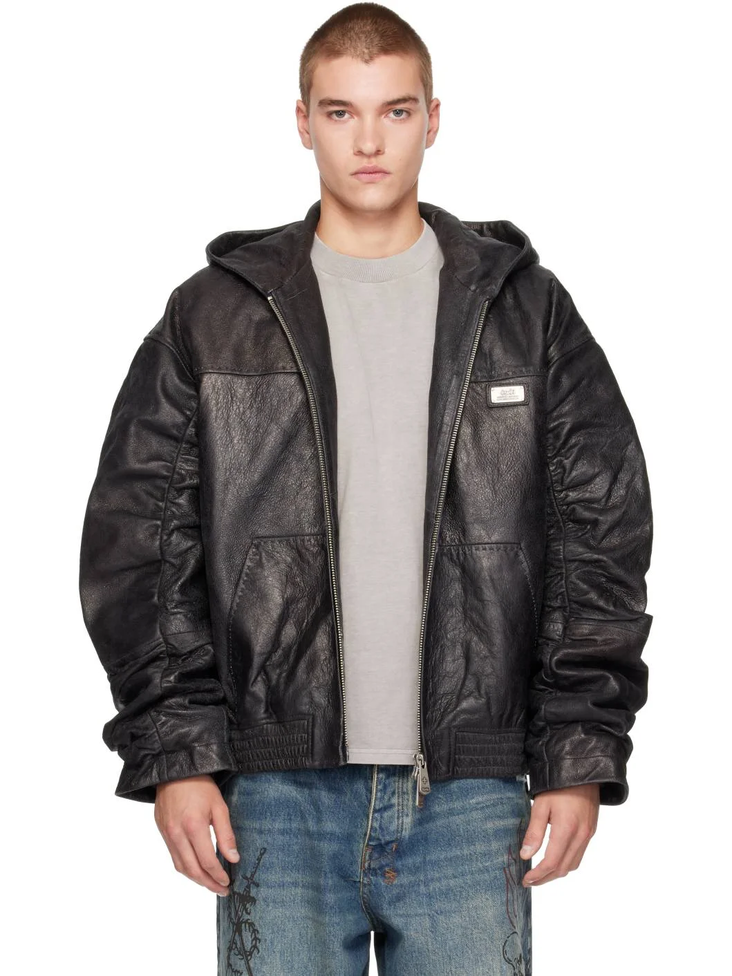 Black Slouchy Leather Bomber Jacket - 1