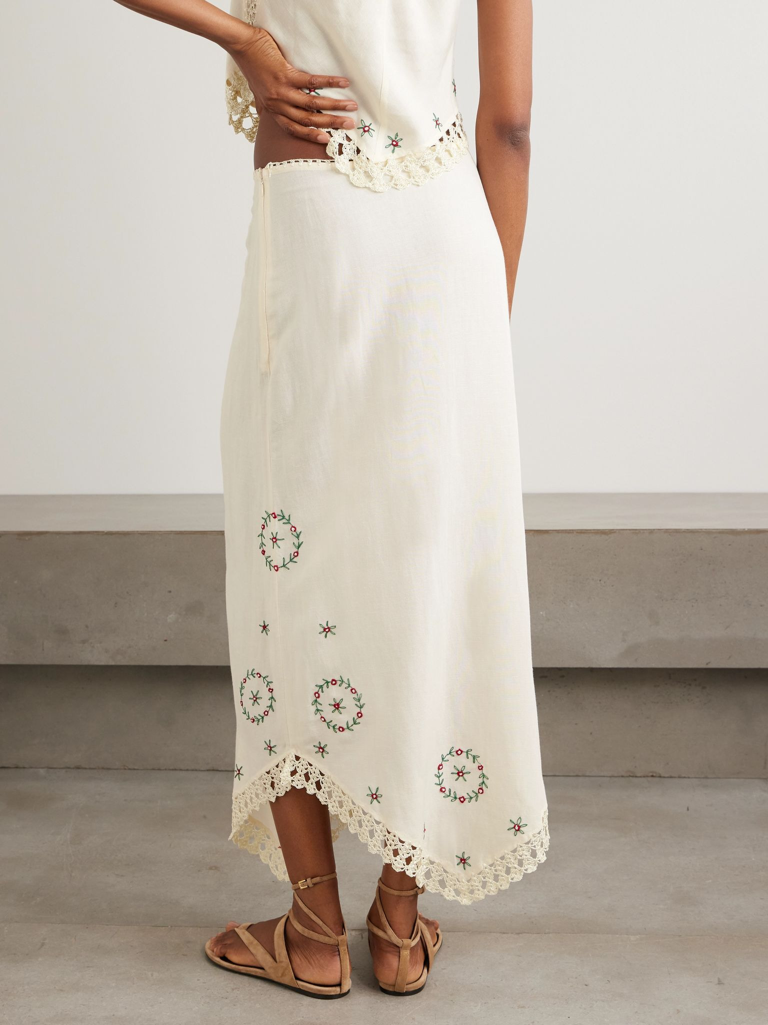 Imola crochet-trimmed embroidered linen-blend midi skirt Cream - 3
