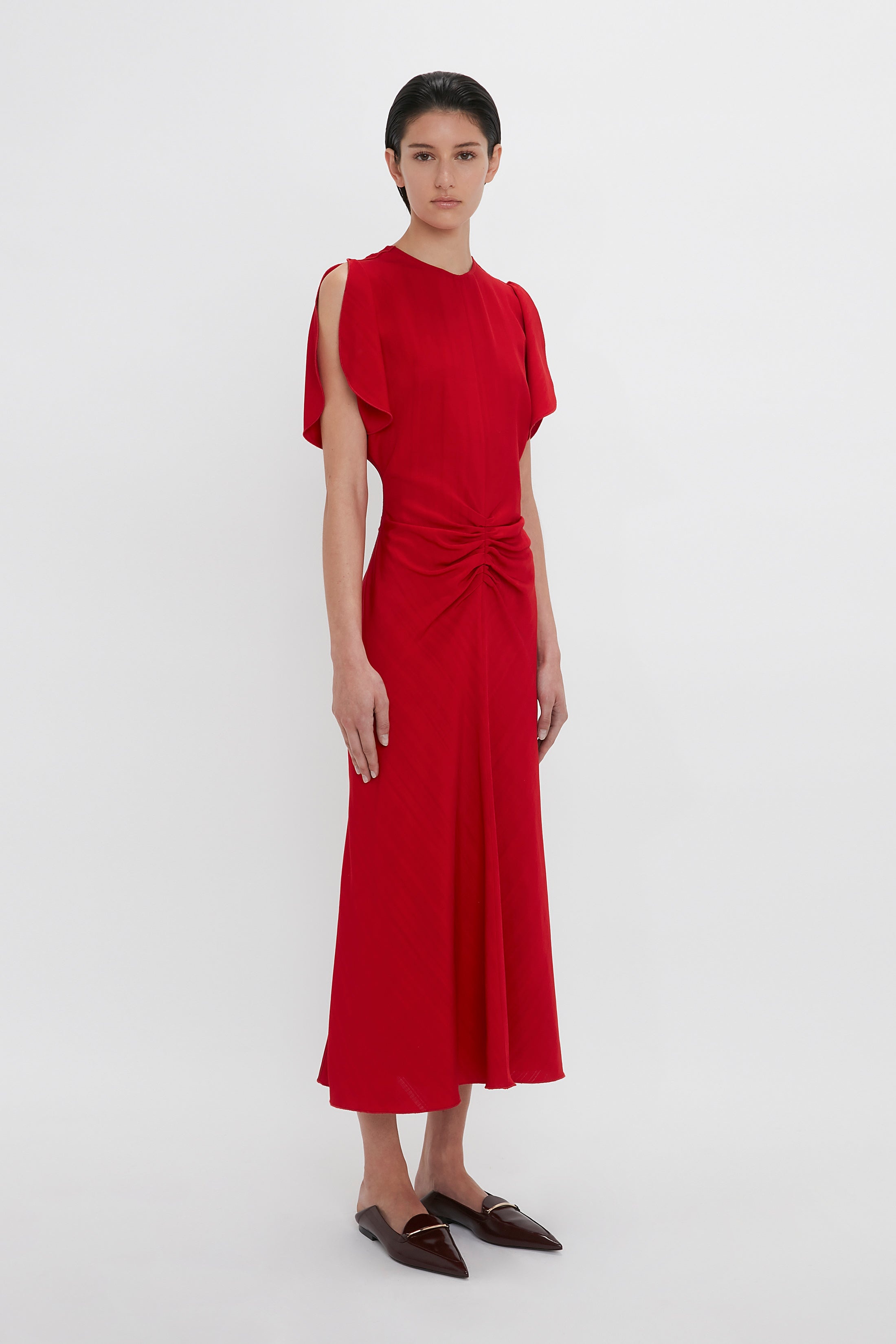 Exclusive Gathered Waist Midi Dress In Carmine - 3