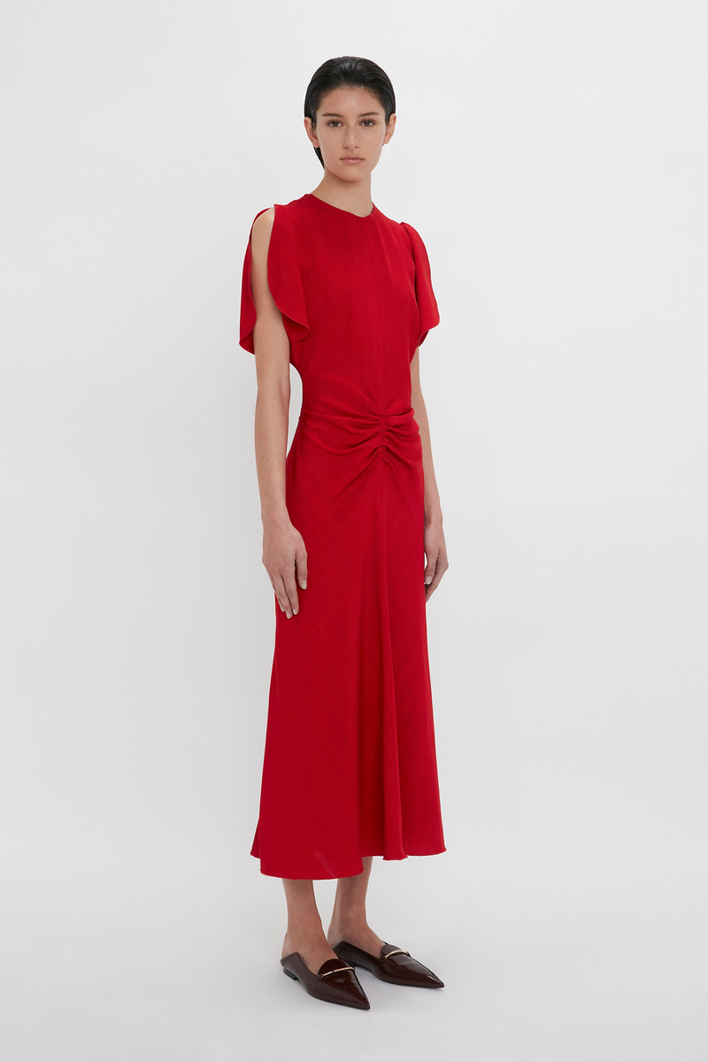Exclusive Gathered Waist Midi Dress In Carmine 3
