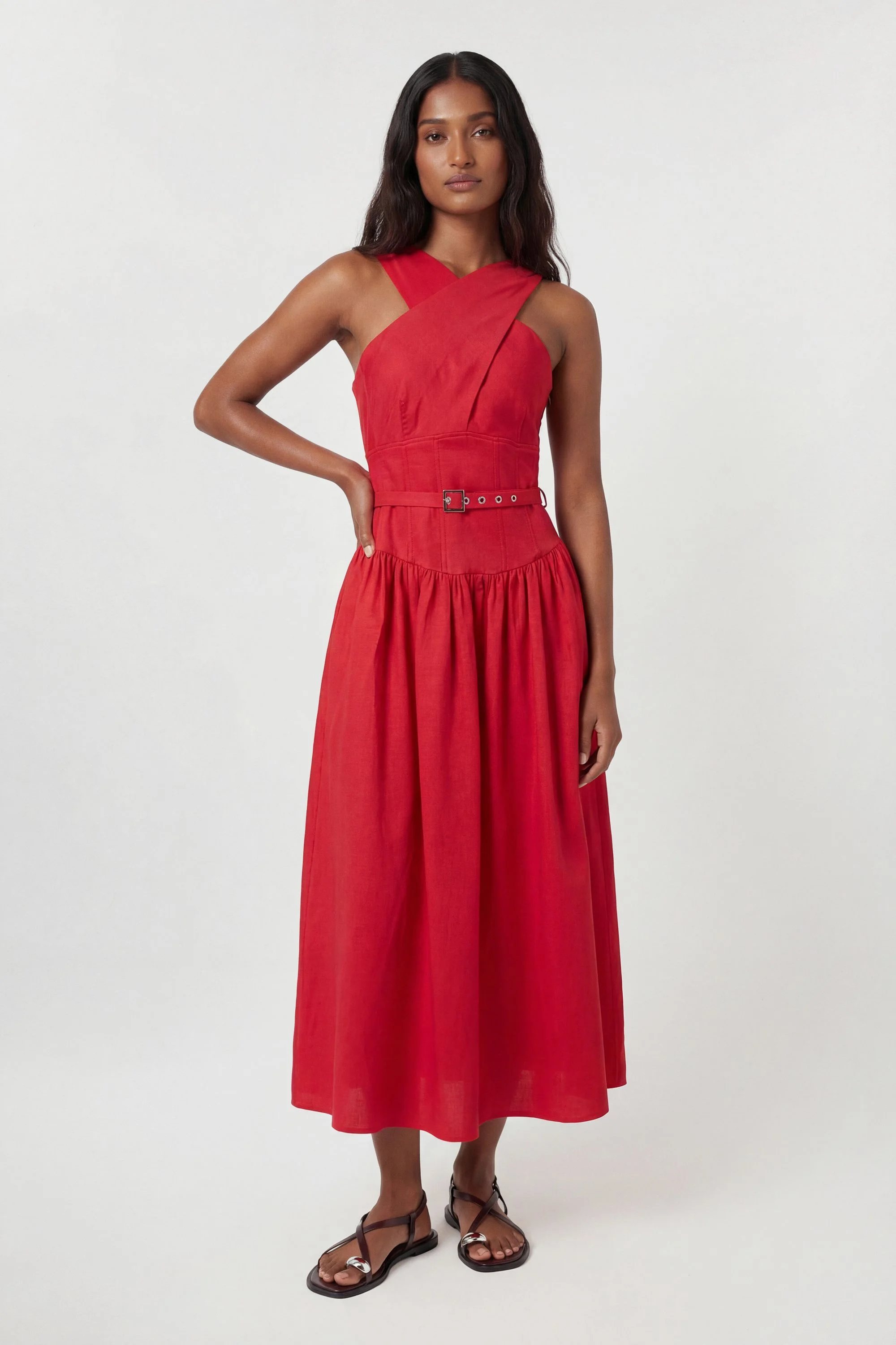 Premium Tailored Linen Halter Neck Belted Full Midi Dress - 1