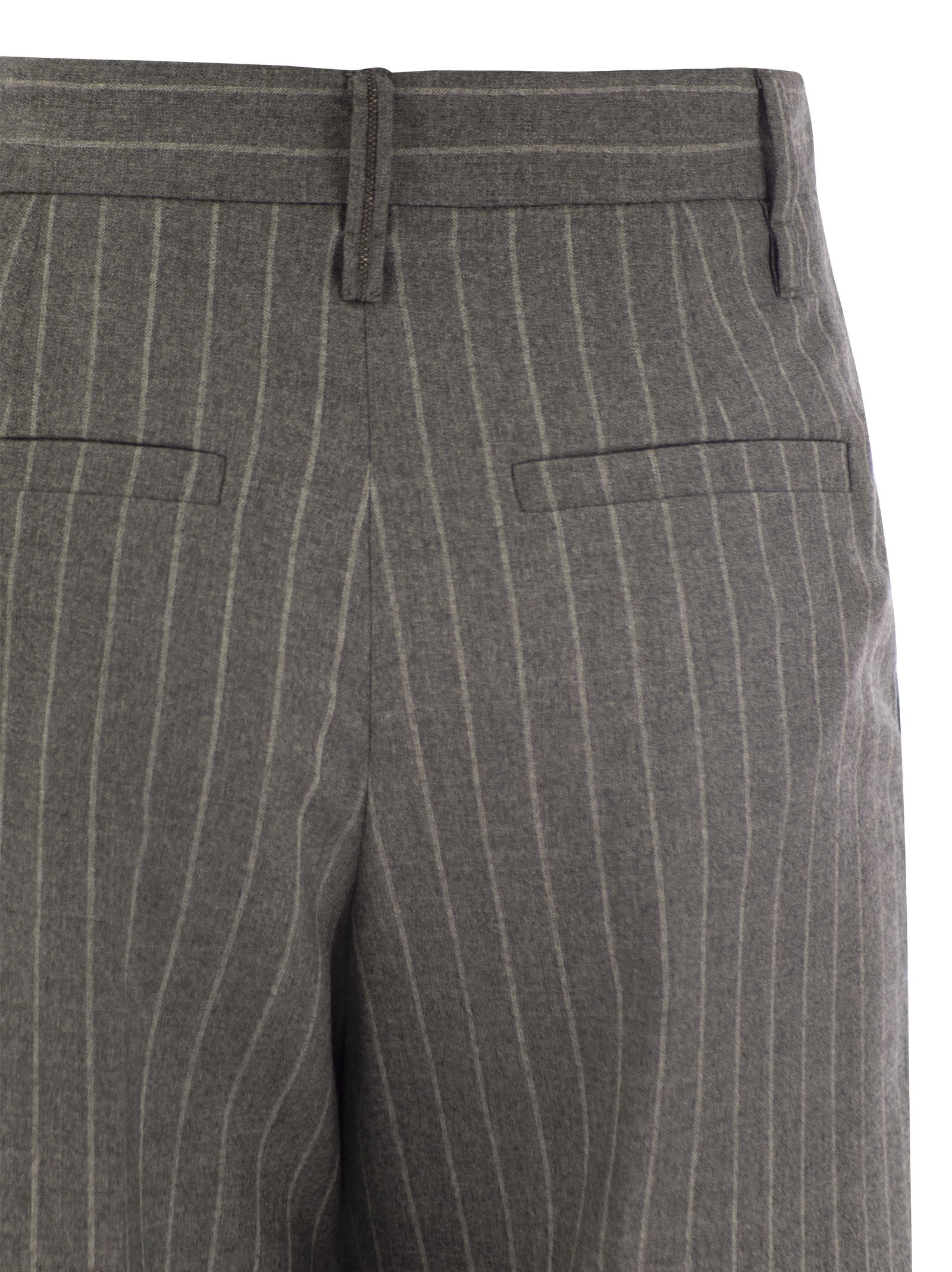 Brunello Cucinelli Women Loose Flared Trousers In Virgin Wool Mouliné Pinstripe With Beadwork - 4