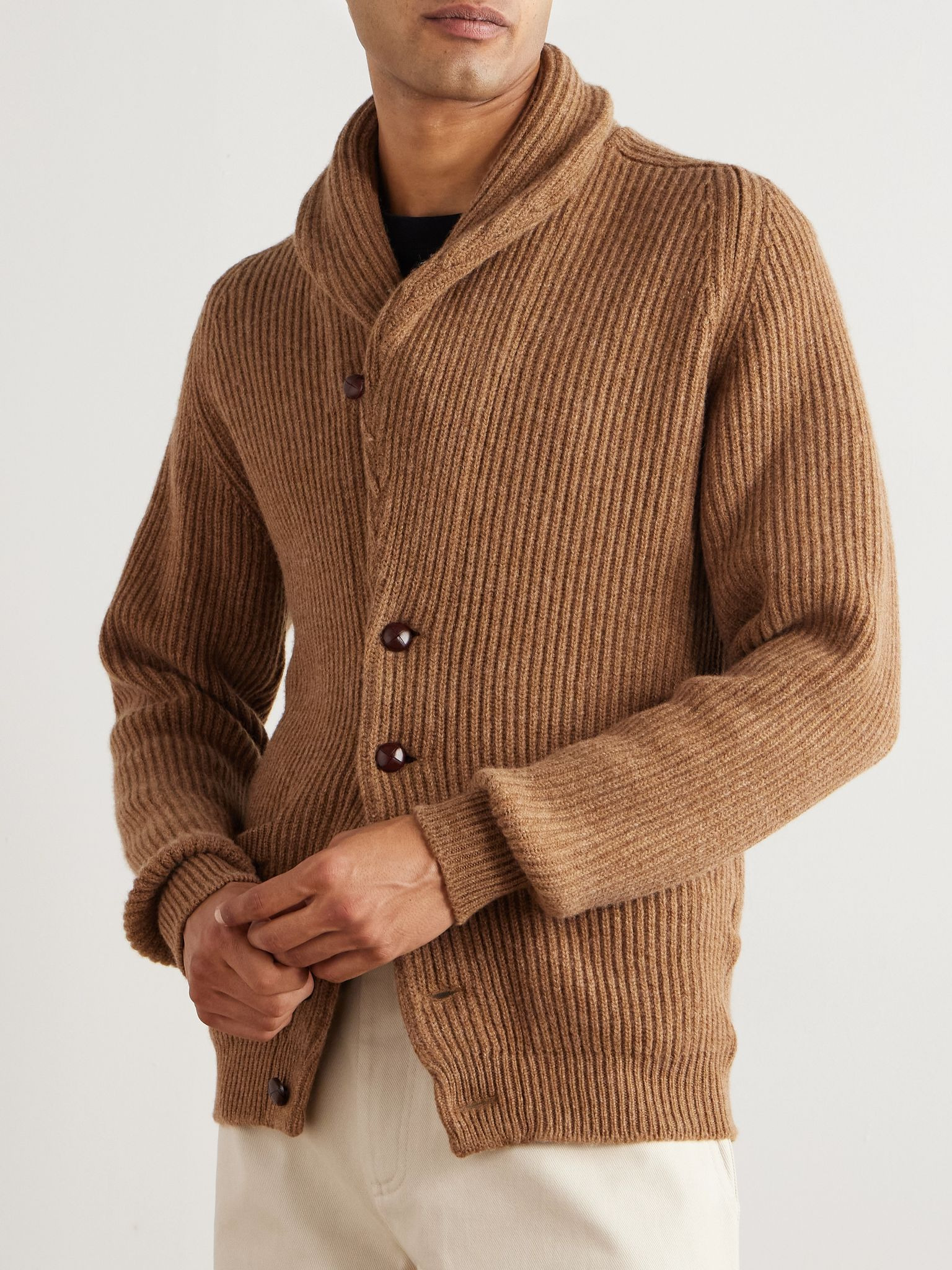 Slim-Fit Shawl-Collar Ribbed Wool Cardigan Brown - 3