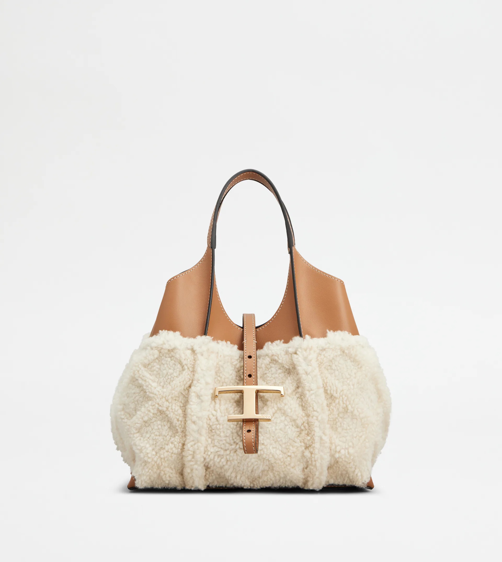 T TIMELESS SHOPPING BAG IN LEATHER AND SHEARLING MINI - BROWN, OFF WHITE - 1