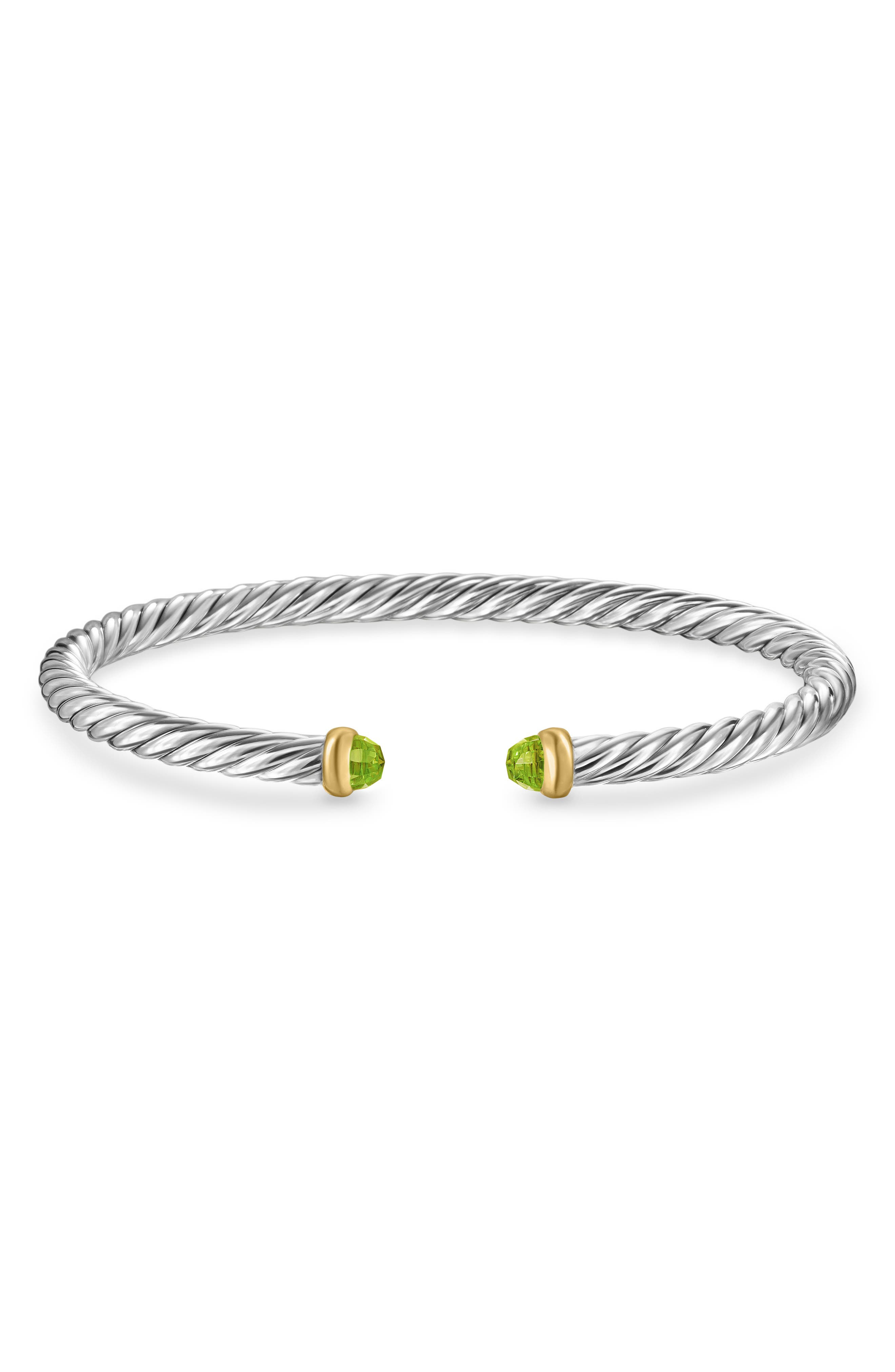 David Yurman Cable Flex Bracelet in Sterling Silver with 14K Yellow Gold, 4mm in Silver/Gold/Peridot - 6