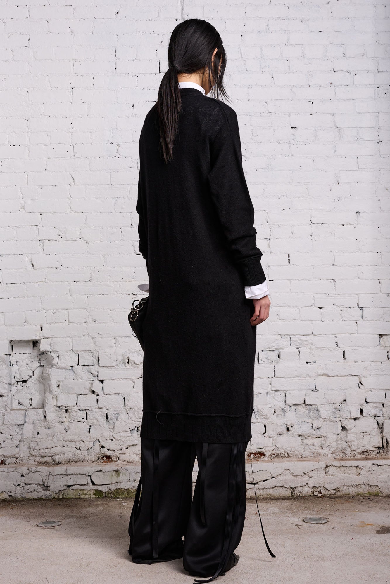 TAPE TIE LONG CARDIGAN - BLACK AND SATIN - 5